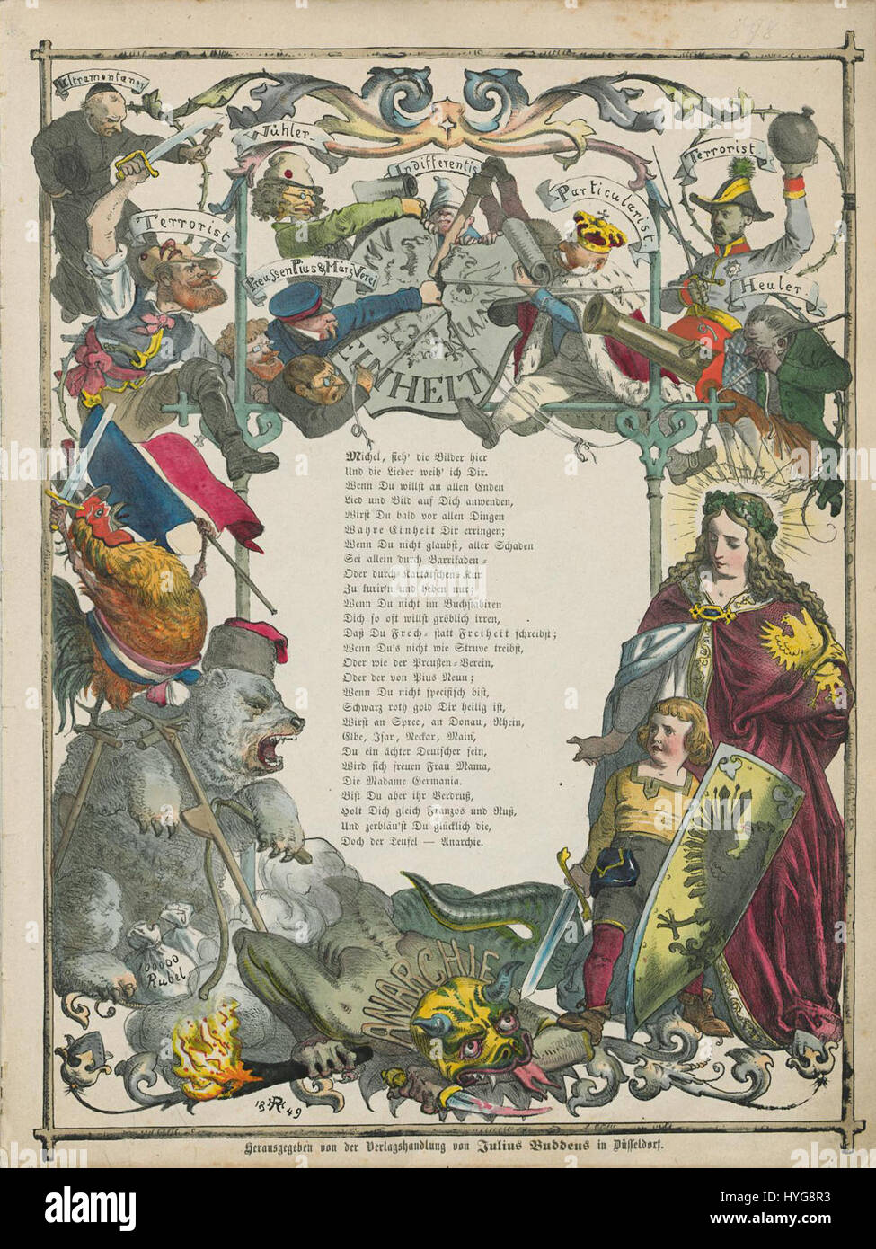 'Vorwort des Politischen Struwwelpeter' de Henry Ritter est une illustration tirée d'une version politiquement chargée du célèbre livre allemand pour enfants 'Struwwelpeter'. L'œuvre comprend une satire politique visant les questions sociales de l'époque, en utilisant la narration visuelle pour transmettre sa critique. Banque D'Images