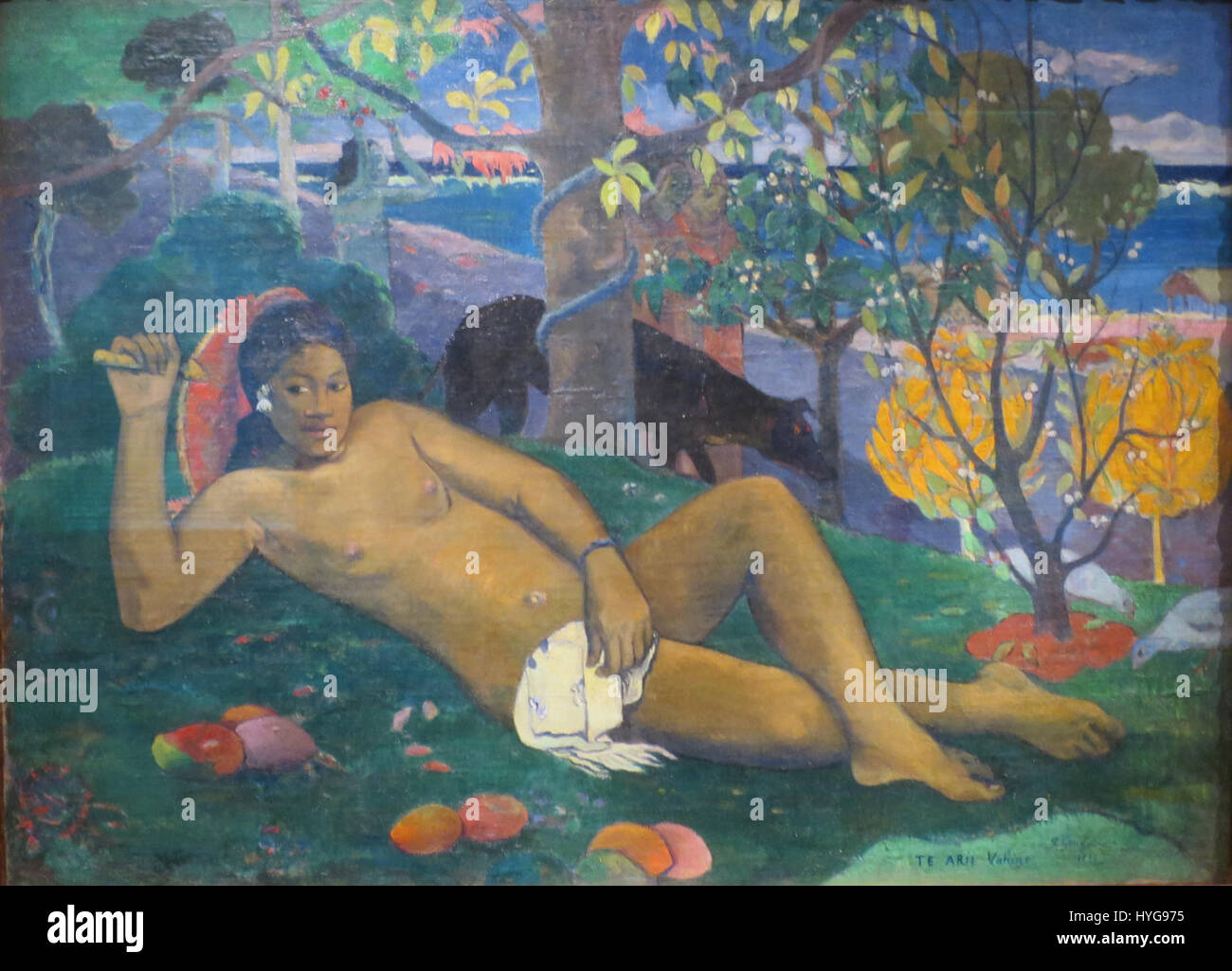 Le tableau de Paul Gauguin de 1896 'Vornehme Mrs' (Noble Woman) représente un portrait d'une femme en tenue traditionnelle, mettant en valeur son style post-impressionniste et l'utilisation de couleurs vives. Banque D'Images