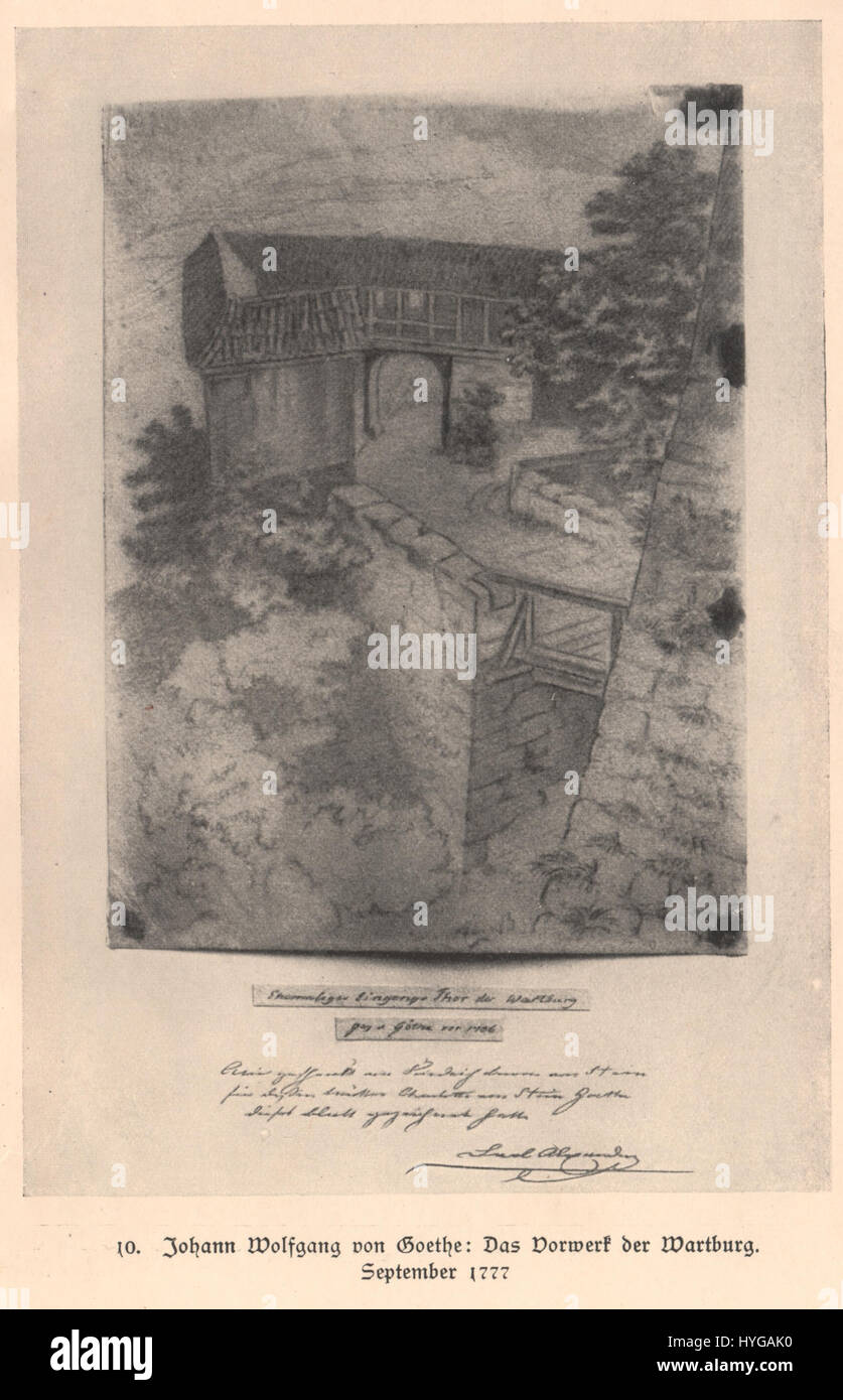 En 1777, Johann Wolfgang von Goethe écrit « Das Vorwerk der Wartburg », un poème inspiré du château de Wartburg. L'œuvre reflète le lien profond de Goethe avec le patrimoine allemand et l'importance historique de la Wartburg en tant que symbole de la culture allemande. Banque D'Images