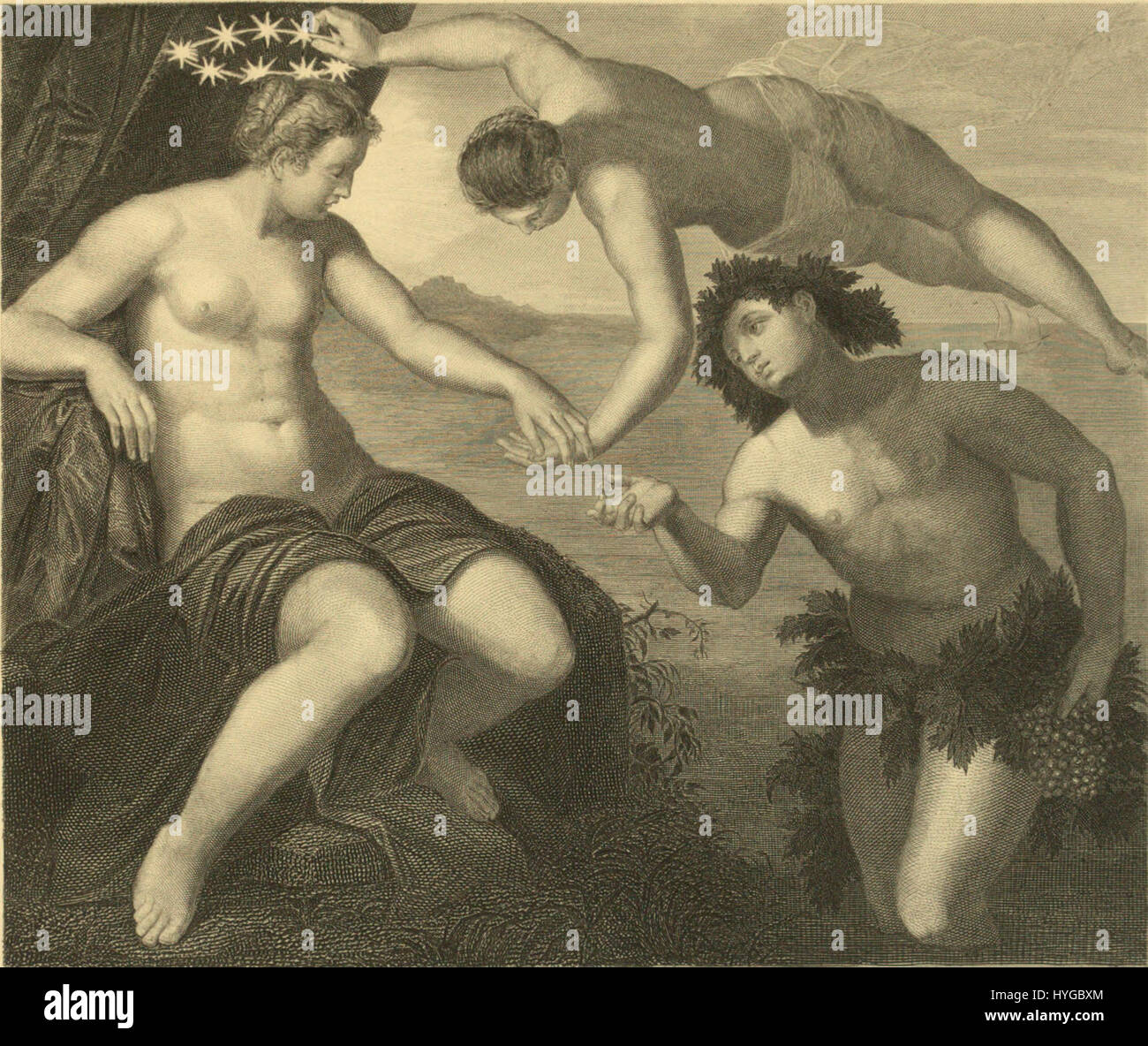 'Ariane et Bacchus' de Jacopo Tintoret dépeint l'histoire mythologique des dieux grecs Ariane et Bacchus, mettant en valeur la maîtrise du Tintoret dans la représentation de figures dynamiques et de la mythologie classique. Banque D'Images