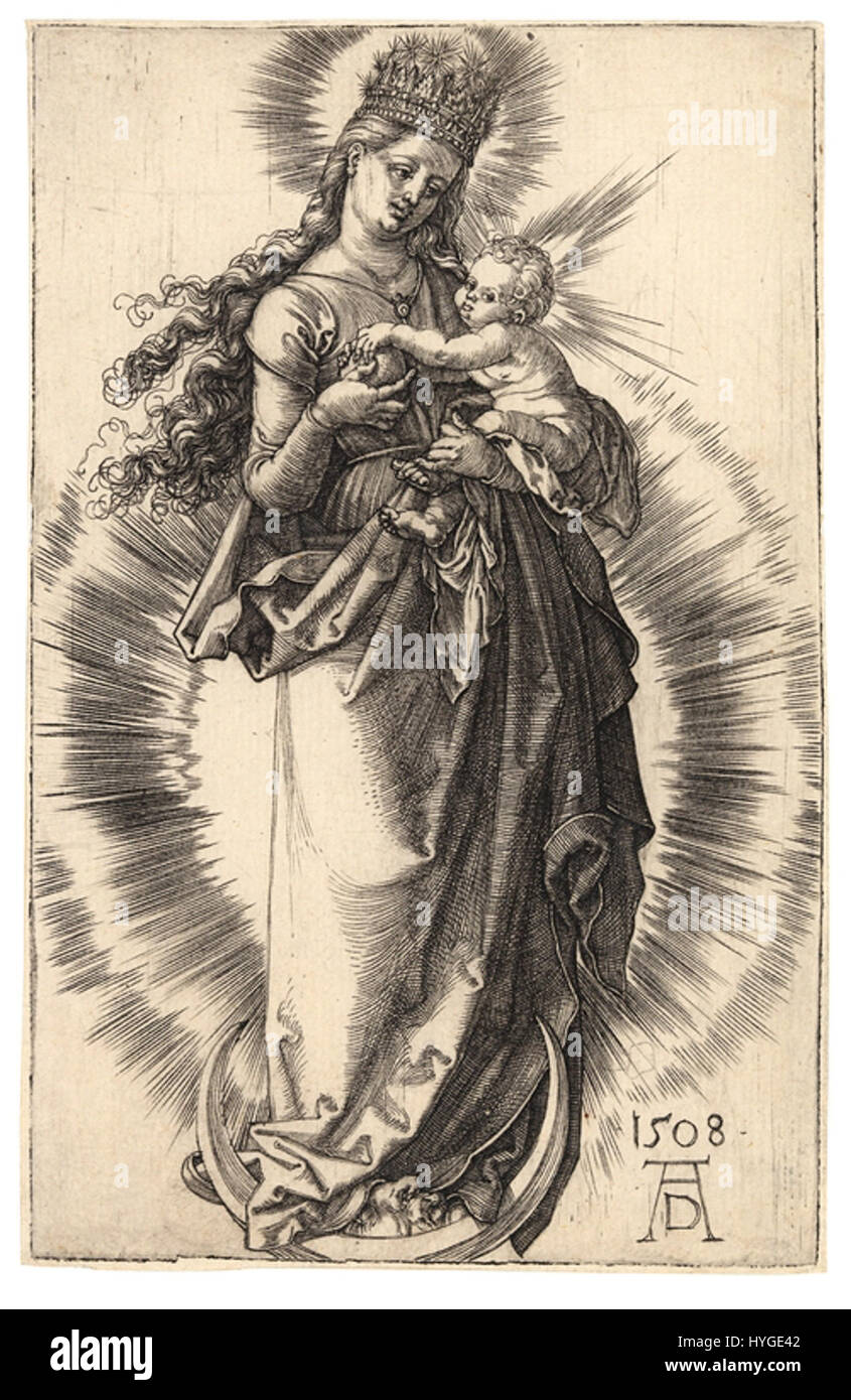 Cette œuvre représente la Vierge Marie, debout sur un croissant de lune, couronnée d'étoiles. Ce symbole religieux, souvent vu dans l'iconographie chrétienne, représente la pureté, la faveur divine et le pouvoir céleste. Banque D'Images