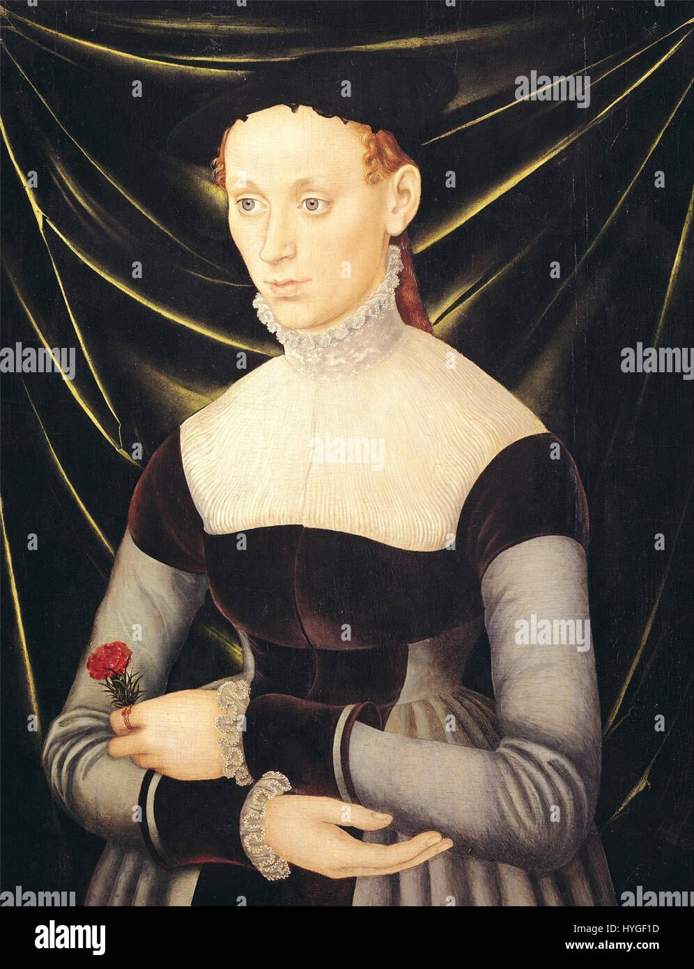 'Femme avec un œillet' de Lucas Cranach l'ancien est un portrait de la Renaissance d'une femme tenant une fleur d'œillet, symbolisant la pureté et la beauté. La peinture illustre l'attention portée par Cranach aux détails et sa maîtrise du portrait. Banque D'Images