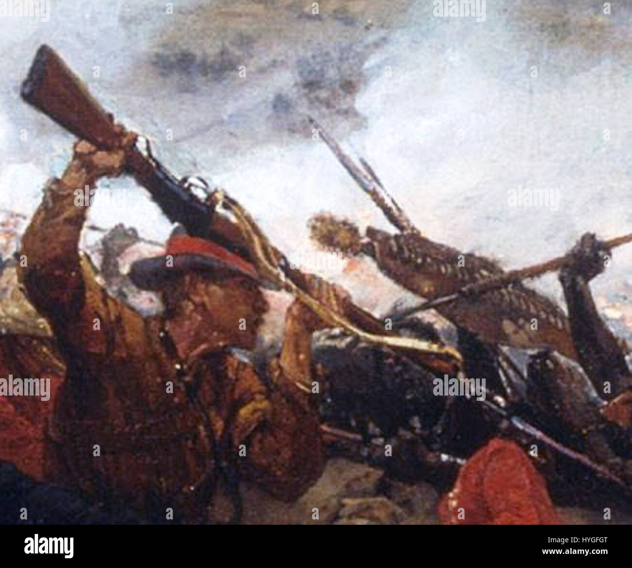 La « Défense de la dérive de Rorke » d'Alphonse de Neuville, représentant peut-être Ferdinand Schiess, illustre la bataille dramatique de 1879 où des soldats britanniques ont défendu une station d'approvisionnement contre les forces zouloues. Banque D'Images