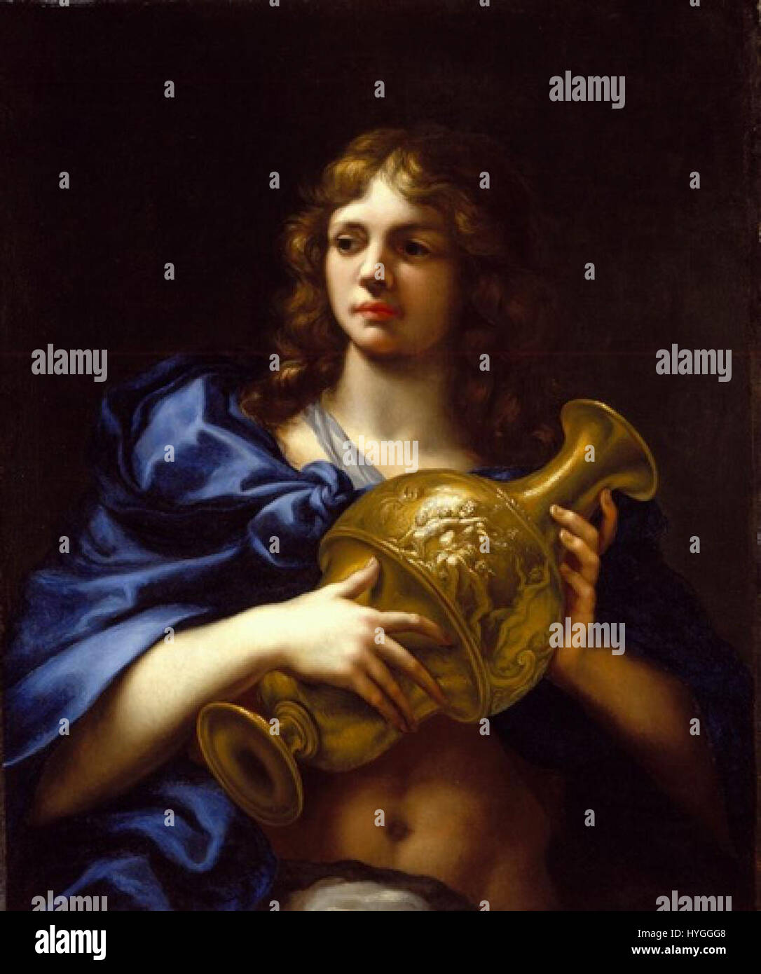 'Hylas et la Coupe d'or' de Volterrano dépeint l'histoire mythologique de Hylas, un jeune de la mythologie grecque, rencontrant les nymphes tout en allant chercher de l'eau. La peinture illustre son moment d'enchantement alors qu'il atteint la coupe d'or, dans un environnement naturel luxuriant. L'œuvre est conservée dans la Staatsgalerie Stuttgart et est un exemple de style baroque du XVIIe siècle Banque D'Images