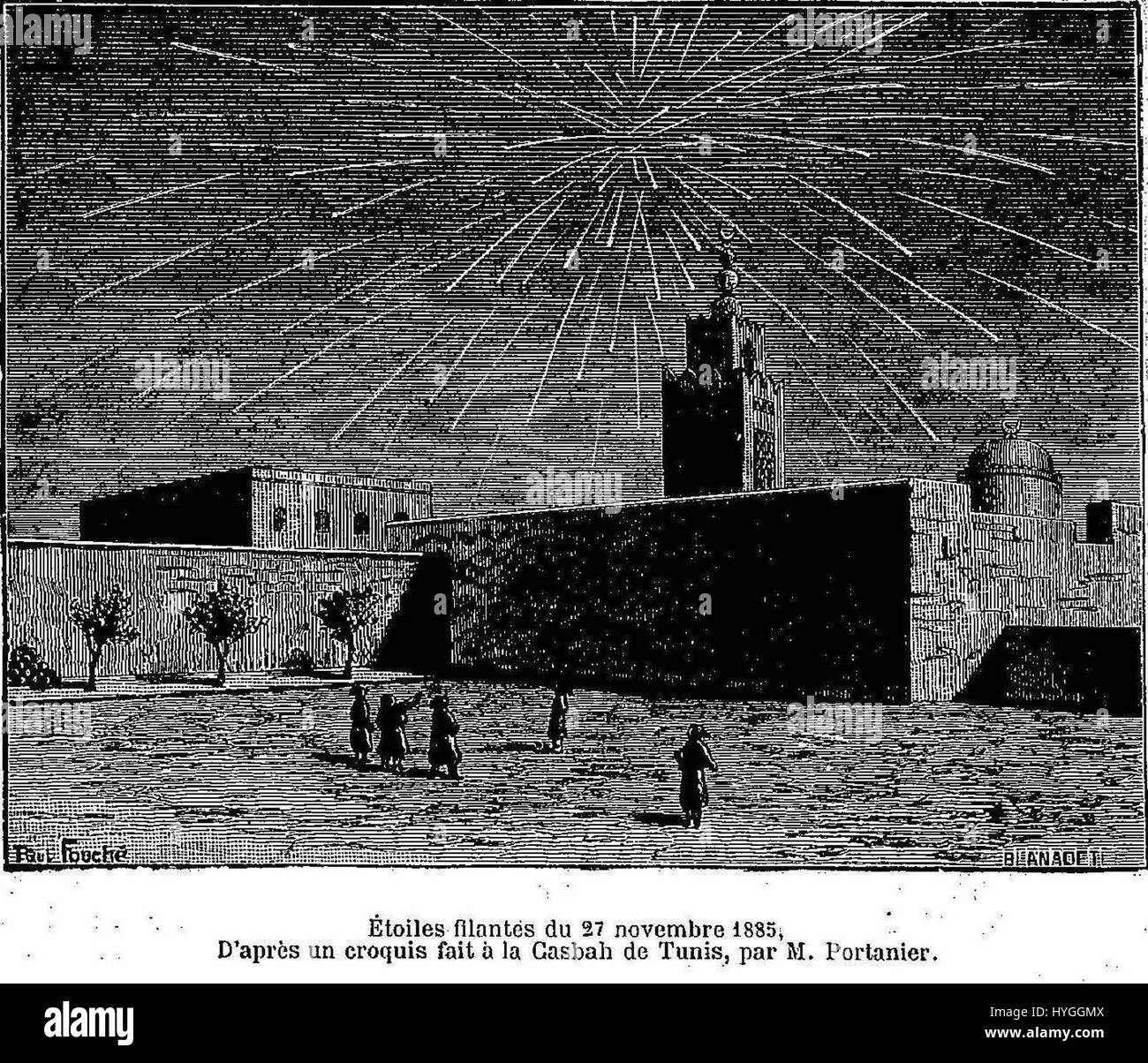 'Etoiles filantes du 27 novembre 1885' se traduit par 'Shooting Stars du 27 novembre 1885.' Cette œuvre capture un événement céleste et fait probablement partie d'une exploration scientifique ou artistique des phénomènes astronomiques à la fin du XIXe siècle. Banque D'Images