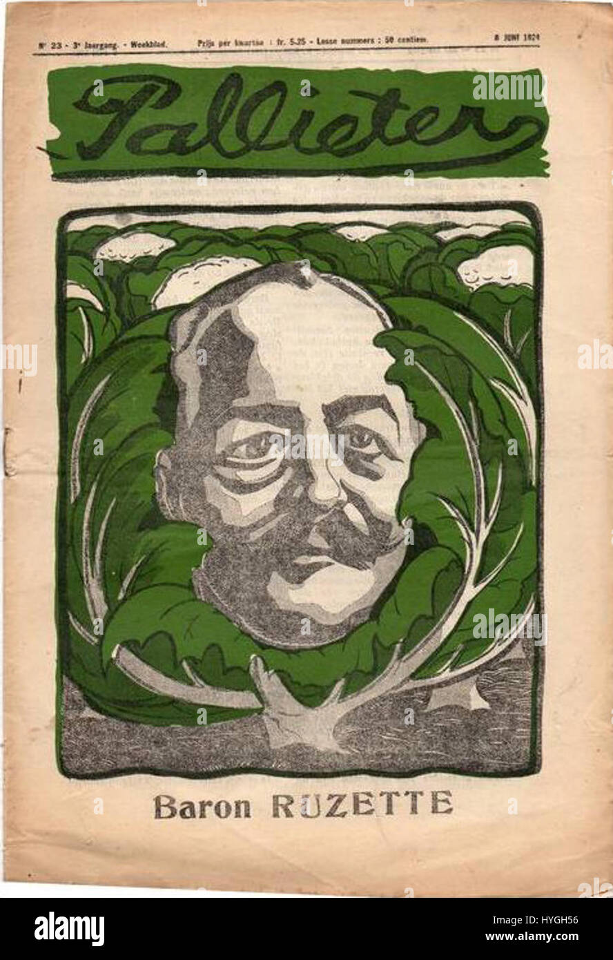 Weekblad Pallieter était un hebdomadaire belge qui couvrait divers sujets culturels, politiques et sociaux au début du XXe siècle. La couverture de l'édition 1924 mettait en vedette le Baron Ruzette, mettant en lumière des personnalités influentes et des problèmes de l'époque en Belgique. Banque D'Images