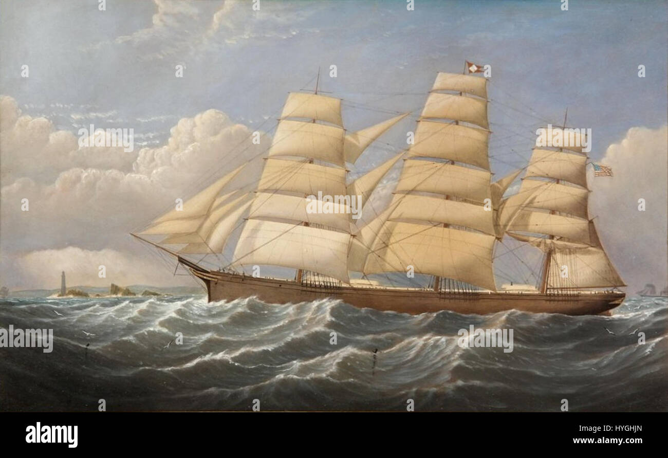 « Clipper Ship Three Brothers Passing the Boston Light » de James H. Wheldon capture une scène maritime spectaculaire. La peinture montre un bateau clipper naviguant devant le Boston Light, illustrant la puissance des voiliers au XIXe siècle et leur rôle dans le commerce et l'exploration américains. Banque D'Images