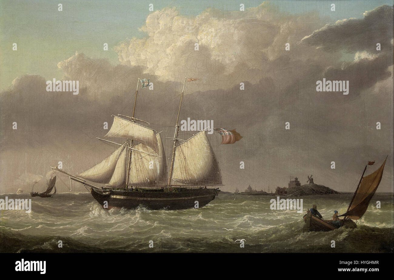 Le tableau de Thomas A. Binks, « Topsail Schooner off the Dutch Coast », représente une goélette sous pleine voile, avec pour toile de fond la côte néerlandaise. L'œuvre met l'accent sur le mouvement du navire, l'océan et l'environnement naturel de la côte néerlandaise, mettant en évidence l'habileté de Binks dans la capture de scènes maritimes. Banque D'Images