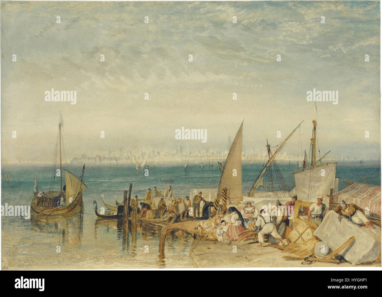'Venice from Fusina' (1821) de J.M.W. Turner est une peinture paysagère célèbre capturant la beauté éthérée de Venise. La maîtrise de Turner de la lumière et de la couleur est évidente dans la représentation brumeuse et atmosphérique de la ville du point de vue de Fusina. Banque D'Images