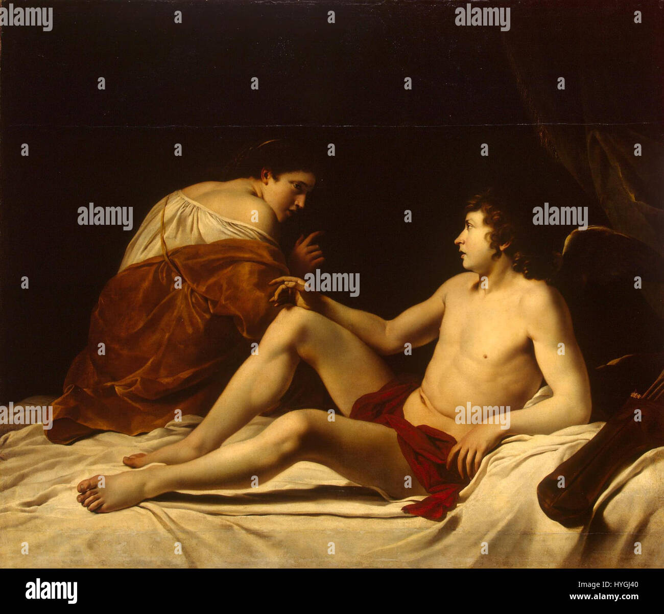 Cupidon et Psyché d'Orazio Gentileschi dépeint le conte mythologique de l'amour entre le Dieu Cupidon et le psyché mortel, capturant les aspects romantiques et divins de l'histoire. Banque D'Images