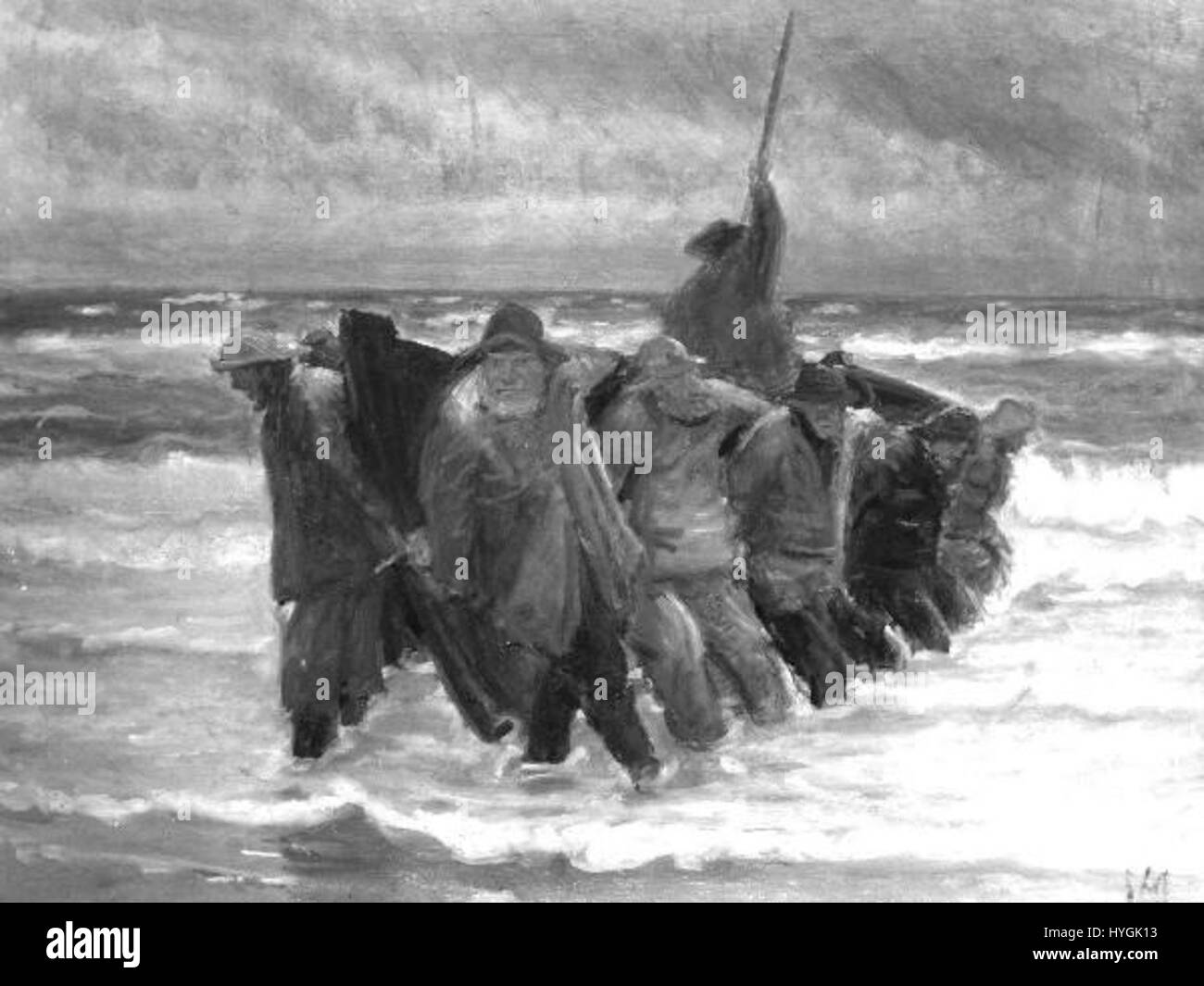 La peinture de Michael Ancher 'Rybari vytahujici clun na breh' (pêcheurs tirant un bateau à terre, 1849) représente les pêcheurs travailleurs du Danemark, mettant l'accent sur la force et la résilience de l'esprit humain dans l'environnement rude de de la mer. Banque D'Images