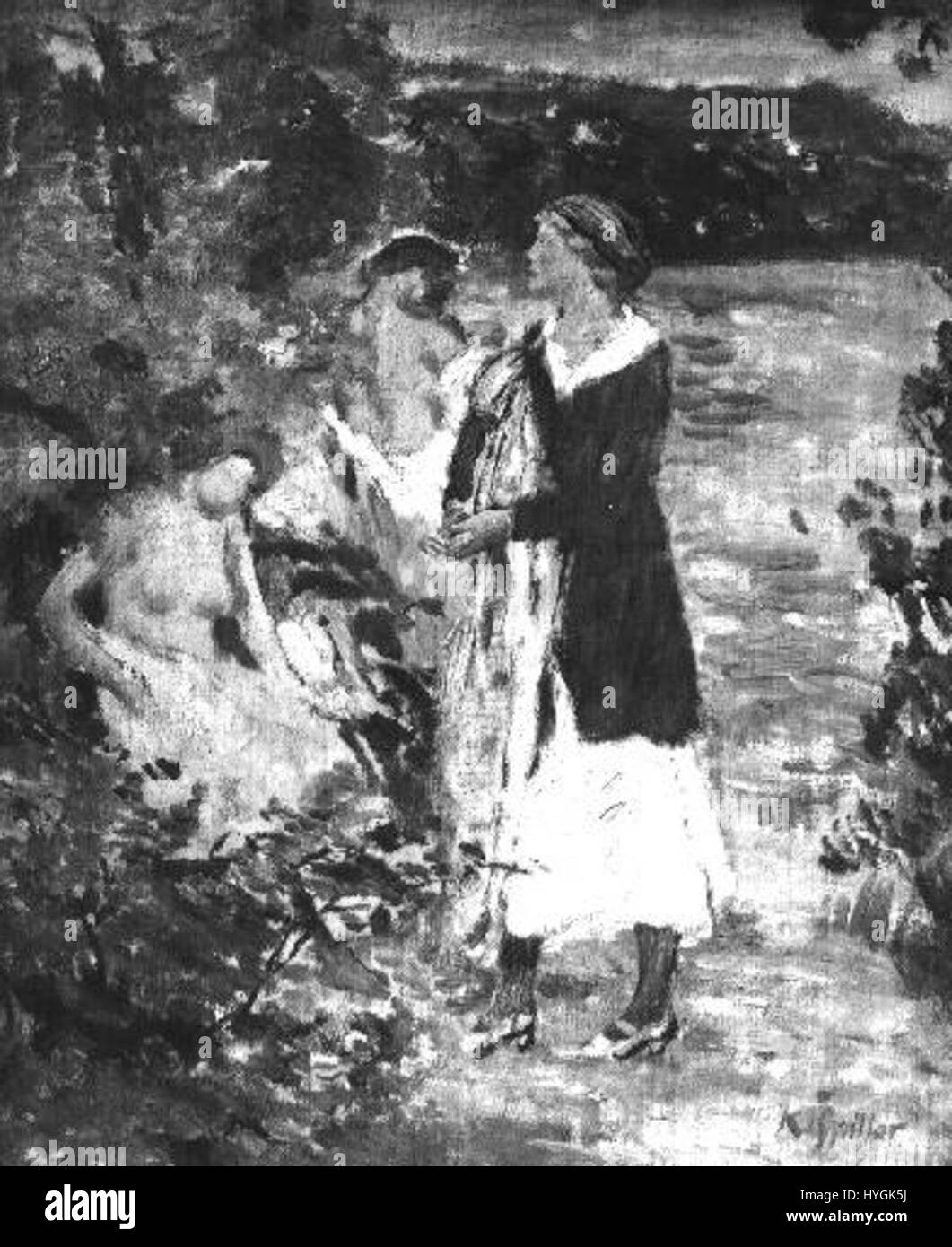 Karel Spillar était un peintre tchèque connu pour ses paysages et ses portraits. Son travail comprenait souvent des représentations de la vie rurale, de la nature et de l'identité tchèque. 'U rybnika' est l'une de ses œuvres remarquables, capturant la beauté tranquille d'une scène d'étang rural. Banque D'Images