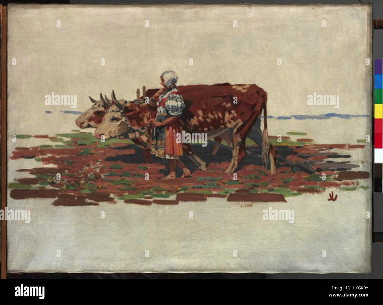 Joza Uprka était une peintre tchèque qui a contribué de manière significative à la création moderne tchèque Cette étude intitulée 'Vlaceni' (chevaux de trait) décrit la vie rurale et les méthodes traditionnelles d'élevage. Uprka est connue pour capturer le folklore tchèque et le paysage rural en mettant l'accent sur le réalisme et le patrimoine culturel. Banque D'Images