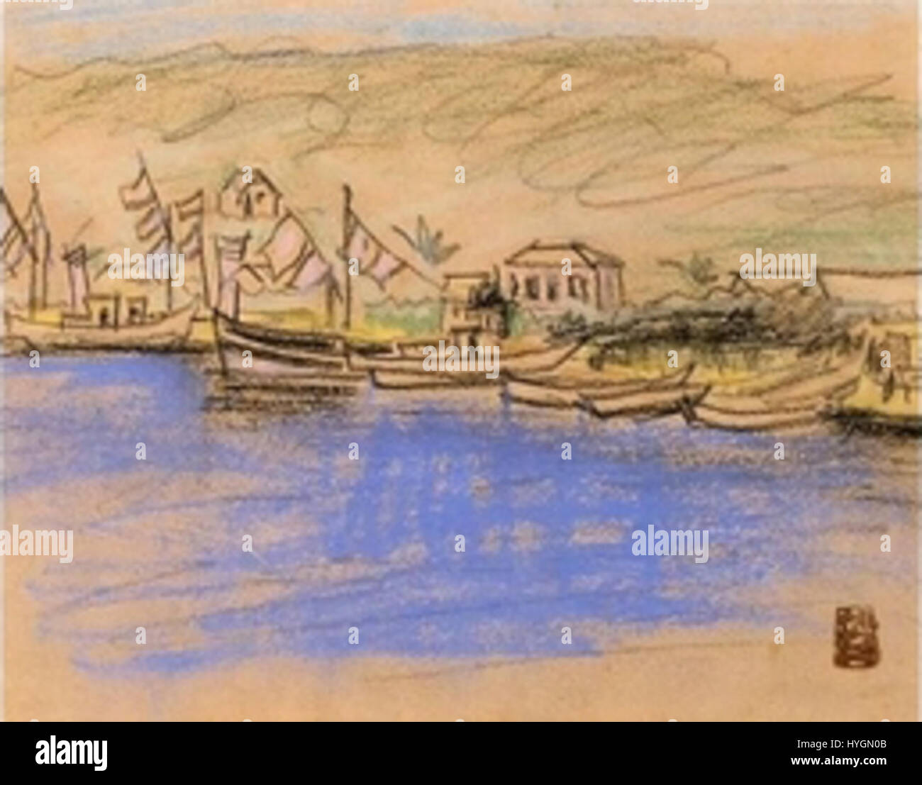 Le « jour de l'an dans le port » de Fujishima Takeji présente une scène animée d'un port pendant les célébrations du nouvel an, mettant en évidence les coutumes japonaises traditionnelles du début du XXe siècle. Banque D'Images