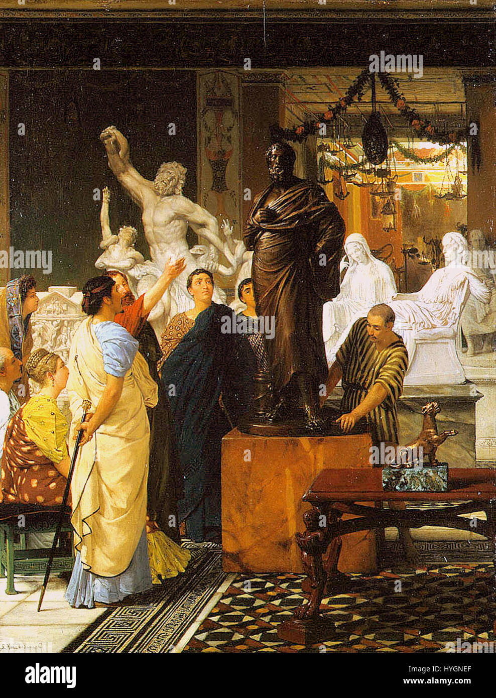 Une peinture de Lawrence Alma Tadema représentant une galerie de sculptures dans la Rome antique, capturant la grandeur et la richesse culturelle à l'époque d'Agrippa. Banque D'Images