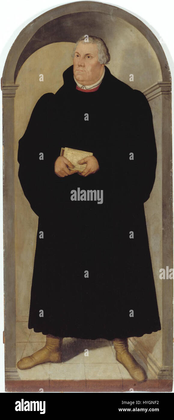 *Luther* de Lucas Cranach le jeune (Coburg M 304) est un portrait de Martin Luther, le leader de la réforme protestante. Le travail de Cranach capture les traits marquants de Luther en mettant l’accent sur sa présence intellectuelle, soulignant son rôle dans la formation de l’histoire religieuse et culturelle de l’Europe pendant la réforme. Banque D'Images