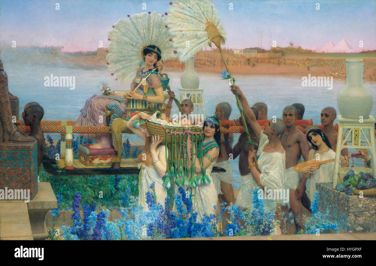 'La découverte de Moïse' de Lawrence Alma Tadema dépeint le moment biblique où Moïse est découvert par la fille de Pharaon. La peinture capture la scène dramatique et émotionnelle avec une élégance classique, caractéristique du style de Tadema. Banque D'Images