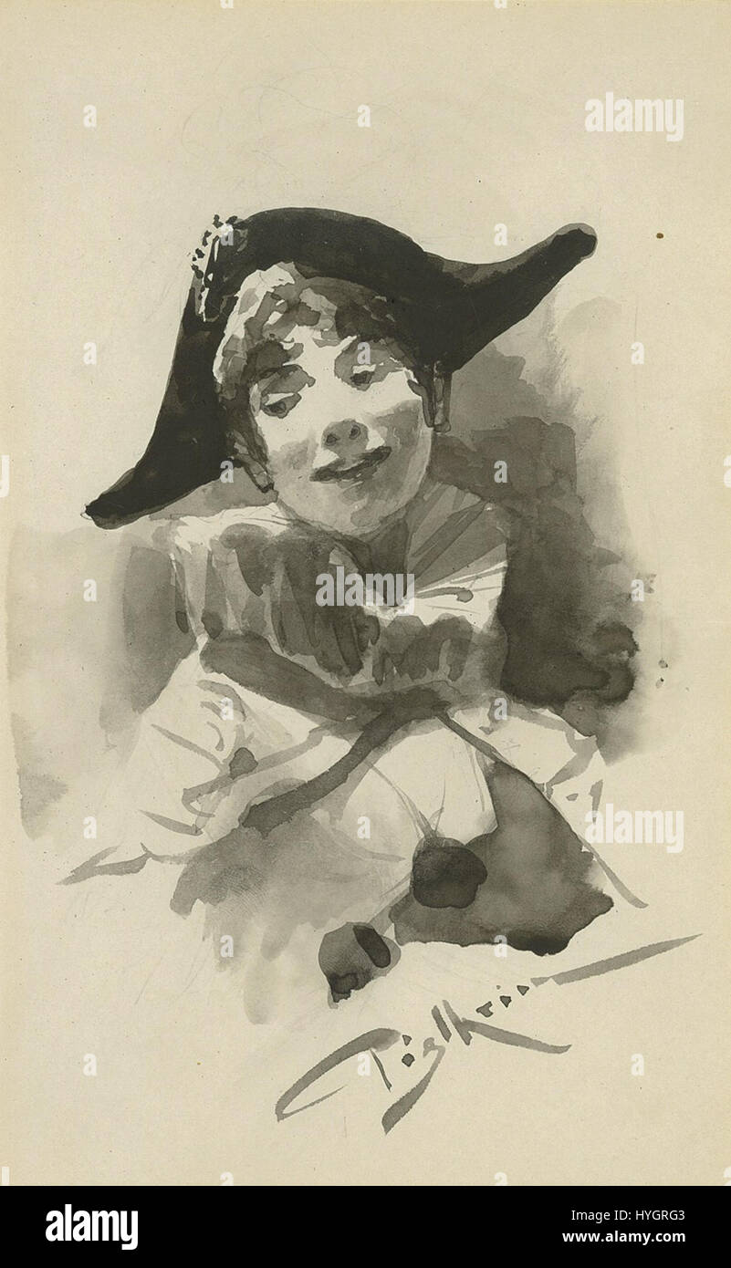 Cette œuvre de Bruno Piglhein, intitulée *Pierrot*, présente une représentation du personnage mélancolique de la tradition commedia dell'Arte. Le personnage de Pierrot est montré dans un moment de réflexion, encapsulant des thèmes de tristesse et d’introspection. Banque D'Images