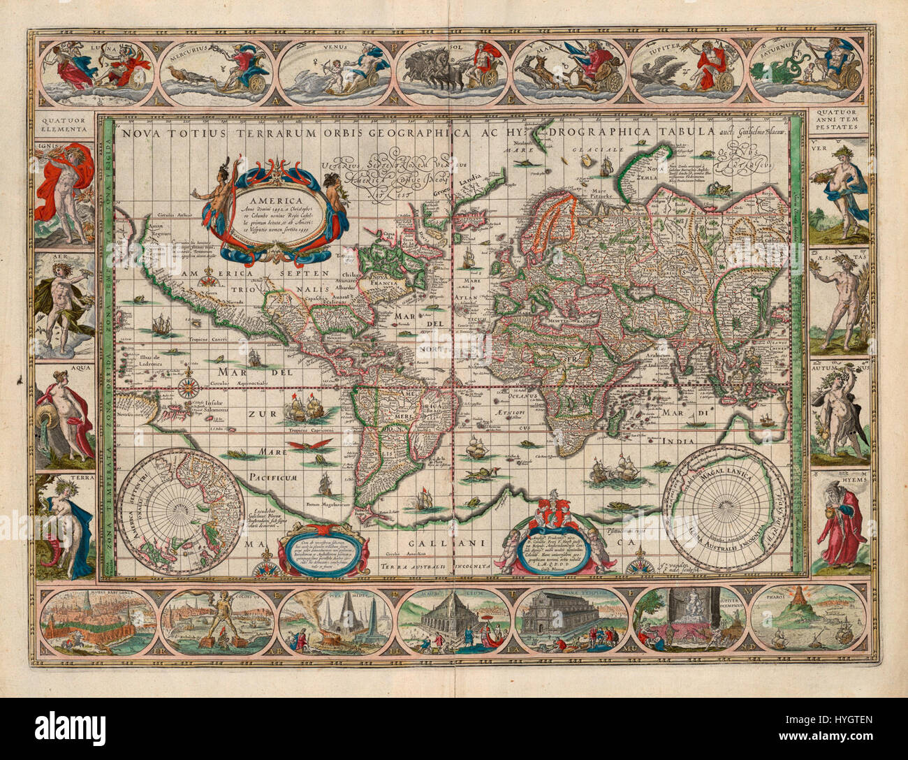 Cette carte du XVIIe siècle intitulée 'Nova totius Terrarum orbis Geographica AC Hydrographica Tabula' présente une vue géographique et hydrographique détaillée du monde. La carte présente à la fois les masses terrestres et les océans, représentant le monde connu de cette époque avec des éléments décoratifs typiques de la cartographie moderne. Banque D'Images