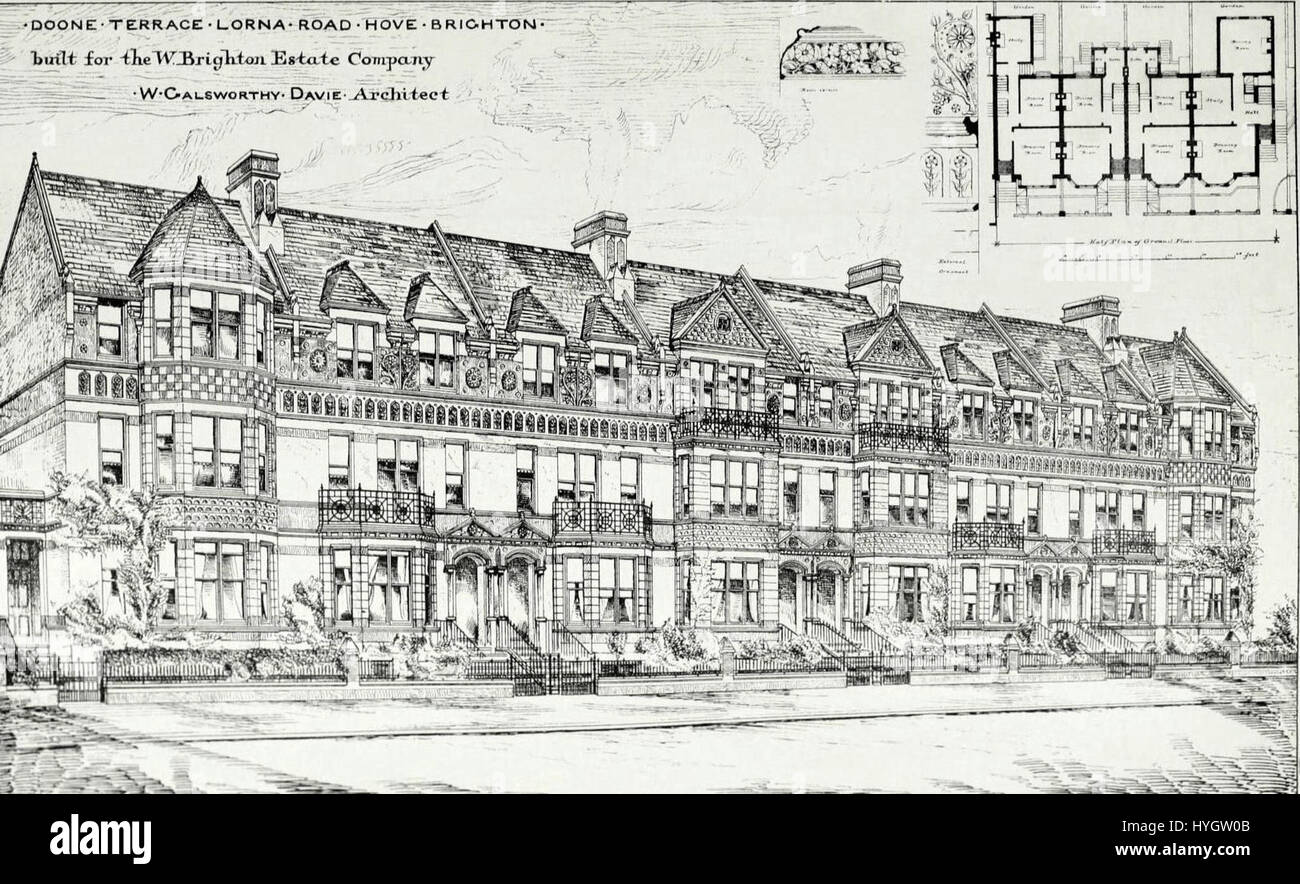 'Doone Terrace, Brighton' (1880) représente une vue charmante d'une rue résidentielle de Brighton, mettant en valeur l'architecture victorienne. La peinture capture l'essence historique de l'époque, avec son accent sur les détails architecturaux et la vie urbaine dans l'Angleterre du XIXe siècle. Banque D'Images
