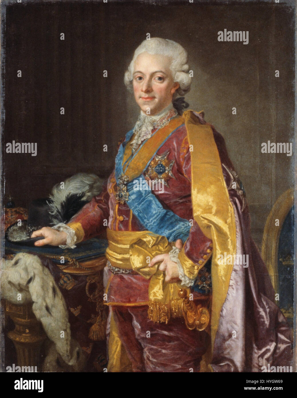 Ce portrait de Lorens Pasch le jeune représente Gustave III de Suède, qui a régné de 1772 à 1792. La peinture est une représentation formelle du monarque suédois, mettant l'accent sur la tenue royale et la stature royale. Banque D'Images