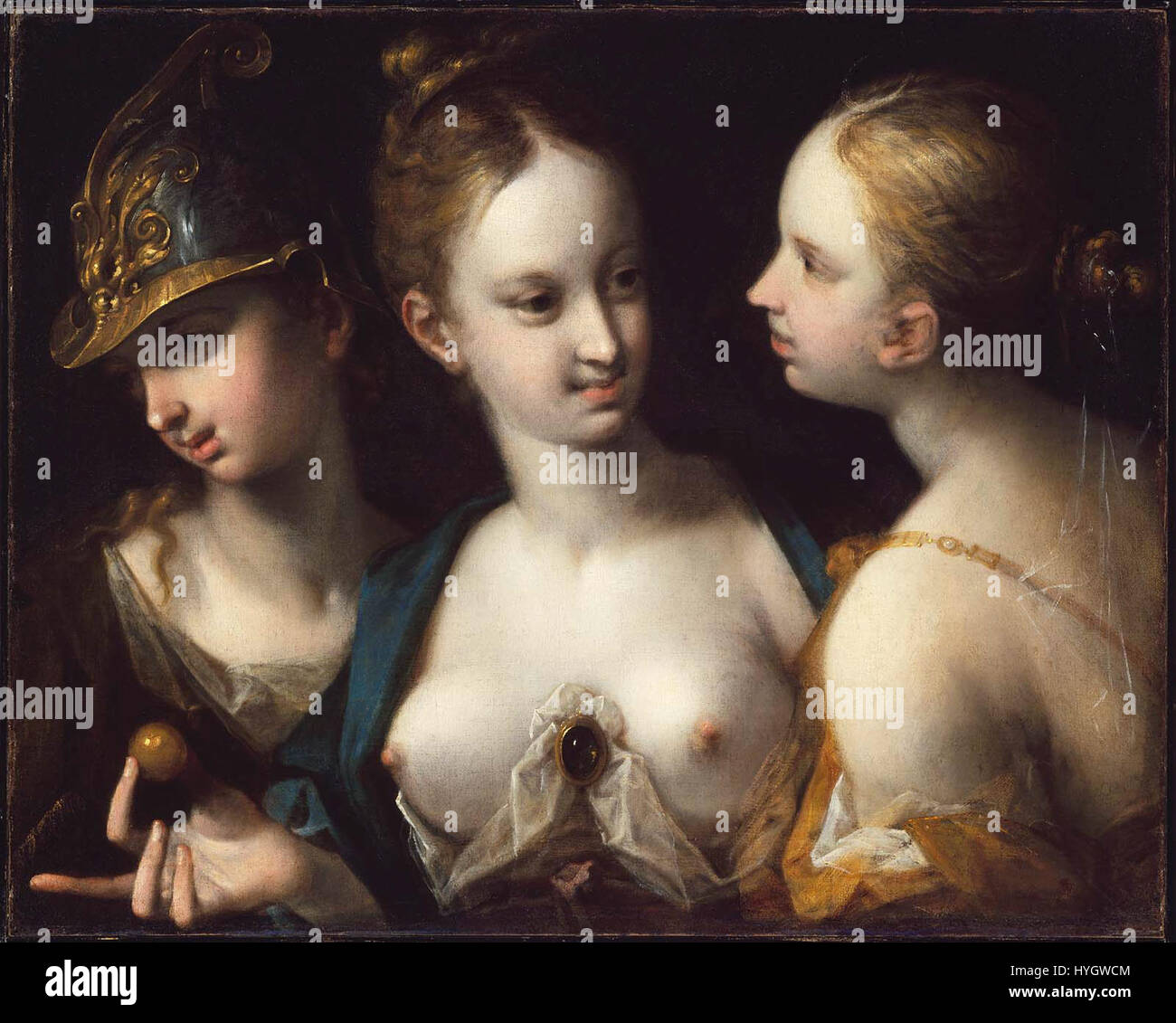« Pallas Athéna, Vénus et Junon » de Hans von Aachen présente une scène allégorique avec trois déesses de la mythologie classique, mettant en évidence l’habileté de l’artiste à combiner la mythologie avec l’esthétique de la Renaissance. Banque D'Images