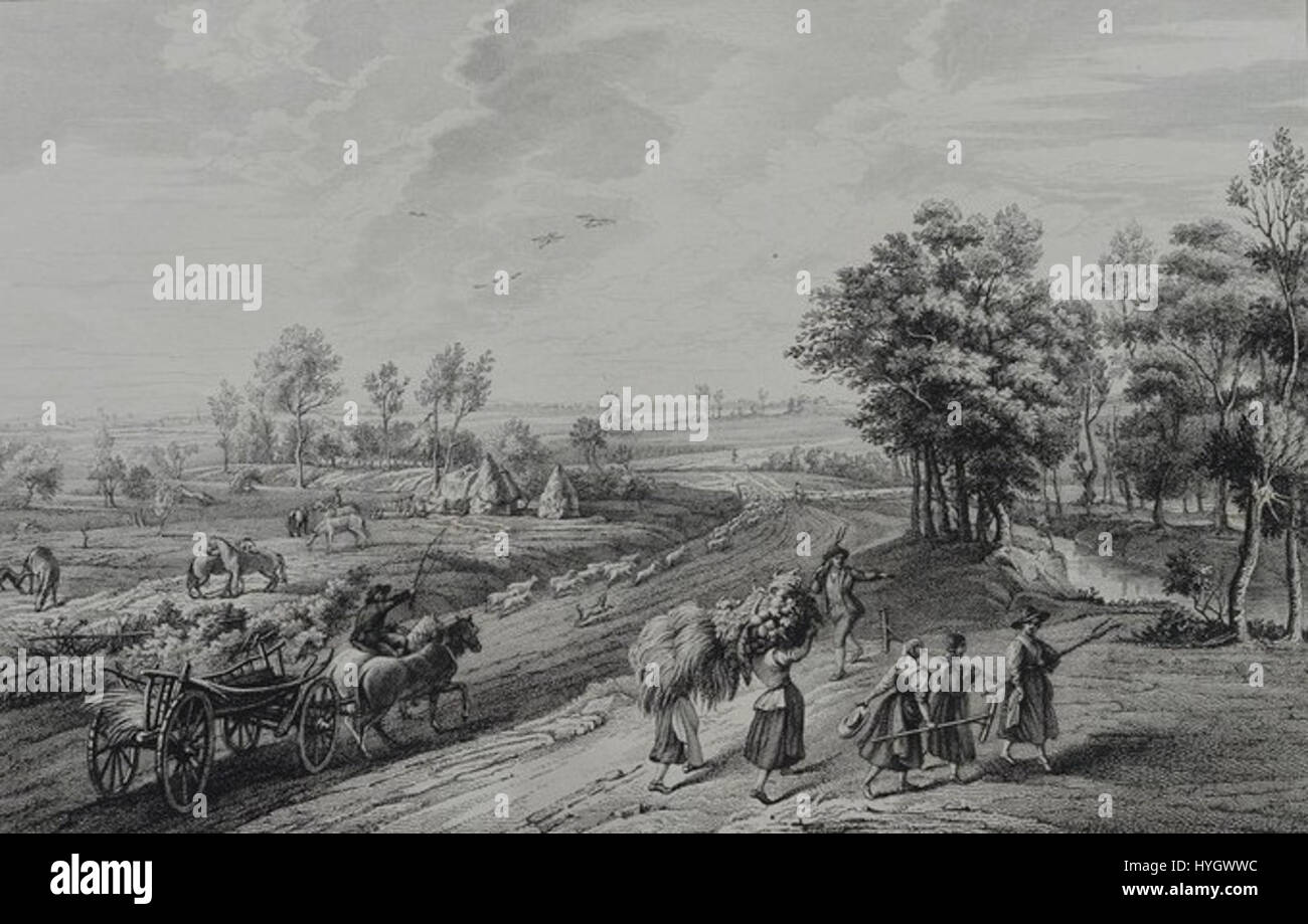 « Retour des champs » représente la scène des individus rentrant chez eux après leur travail dans les champs. La peinture met en évidence la simplicité et la tranquillité de la vie rurale, mettant en valeur le lien entre les gens et la terre. Banque D'Images