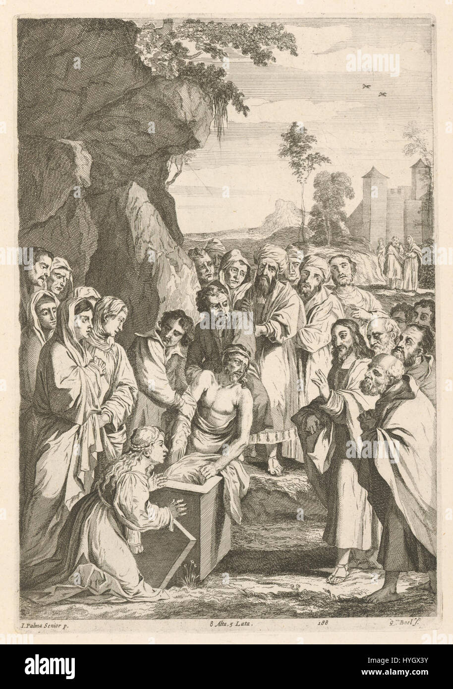 La reproduction par Quirijn Boel de la peinture Lazare de Palma Vecchio de 1891 présente l'histoire biblique de la résurrection de Lazare. La gravure de Boel capture l'intensité émotionnelle et les effets dramatiques de l'œuvre originale, suivant l'approche du maître vénitien de la lumière et de la couleur. Banque D'Images