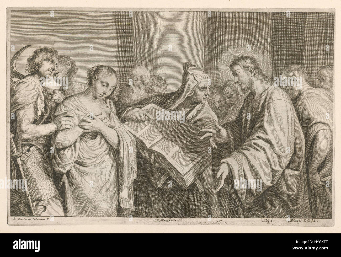 Cette peinture de Nikolaus van Hoy et Franciscus van der Steen dépeint la scène biblique du Christ pardonnant à la femme prise dans l'adultère, mettant en évidence les thèmes de la miséricorde et du pardon dans la doctrine chrétienne. Banque D'Images