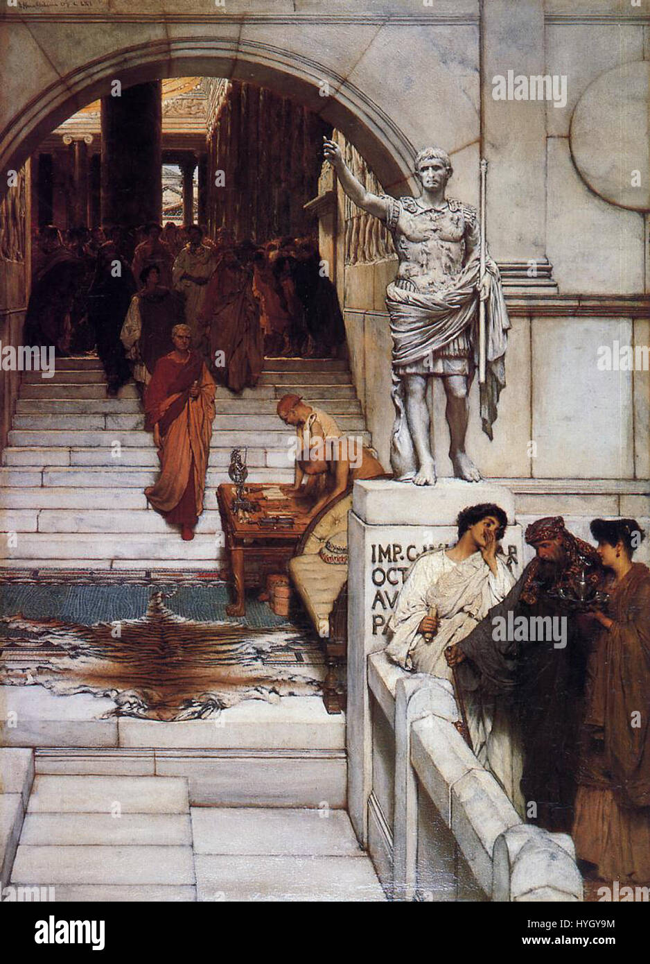 « Une audience à Agrippa » de Lawrence Alma-Tadema représente une scène de la Rome antique, mettant en valeur la vie opulente à la cour de l'empereur Agrippa. L'attention portée par Alma-Tadema aux détails historiques et à l'utilisation de la lumière crée une représentation vivante de l'aristocratie romaine. Banque D'Images