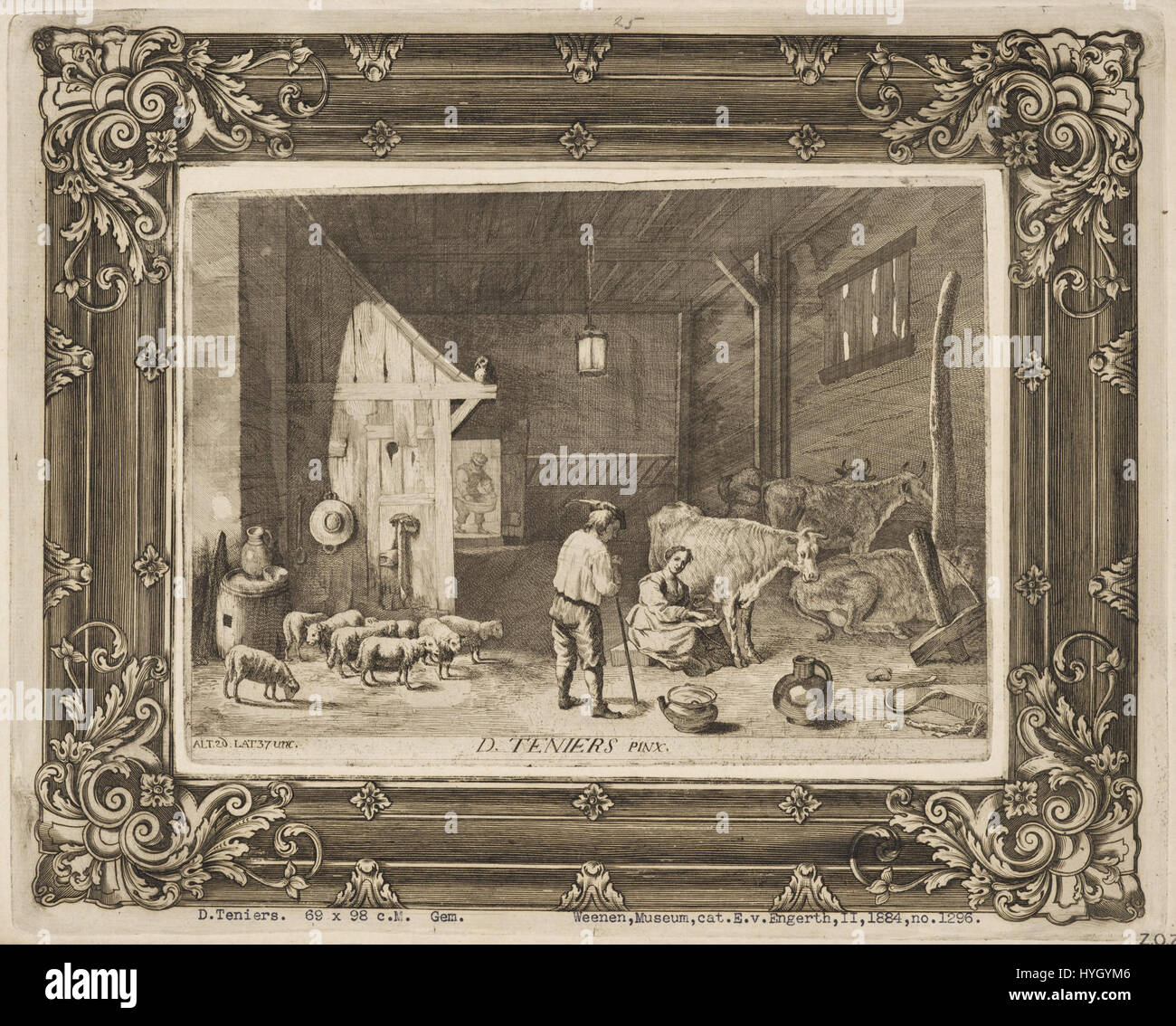 Reproduction d'Anton Joseph Prenner d'après la célèbre « Barn with Shepherd and Milkmaid » de David Teniers, capturant la vie rurale et les scènes pastorales à travers l'objectif flamand du XVIIIe siècle Banque D'Images