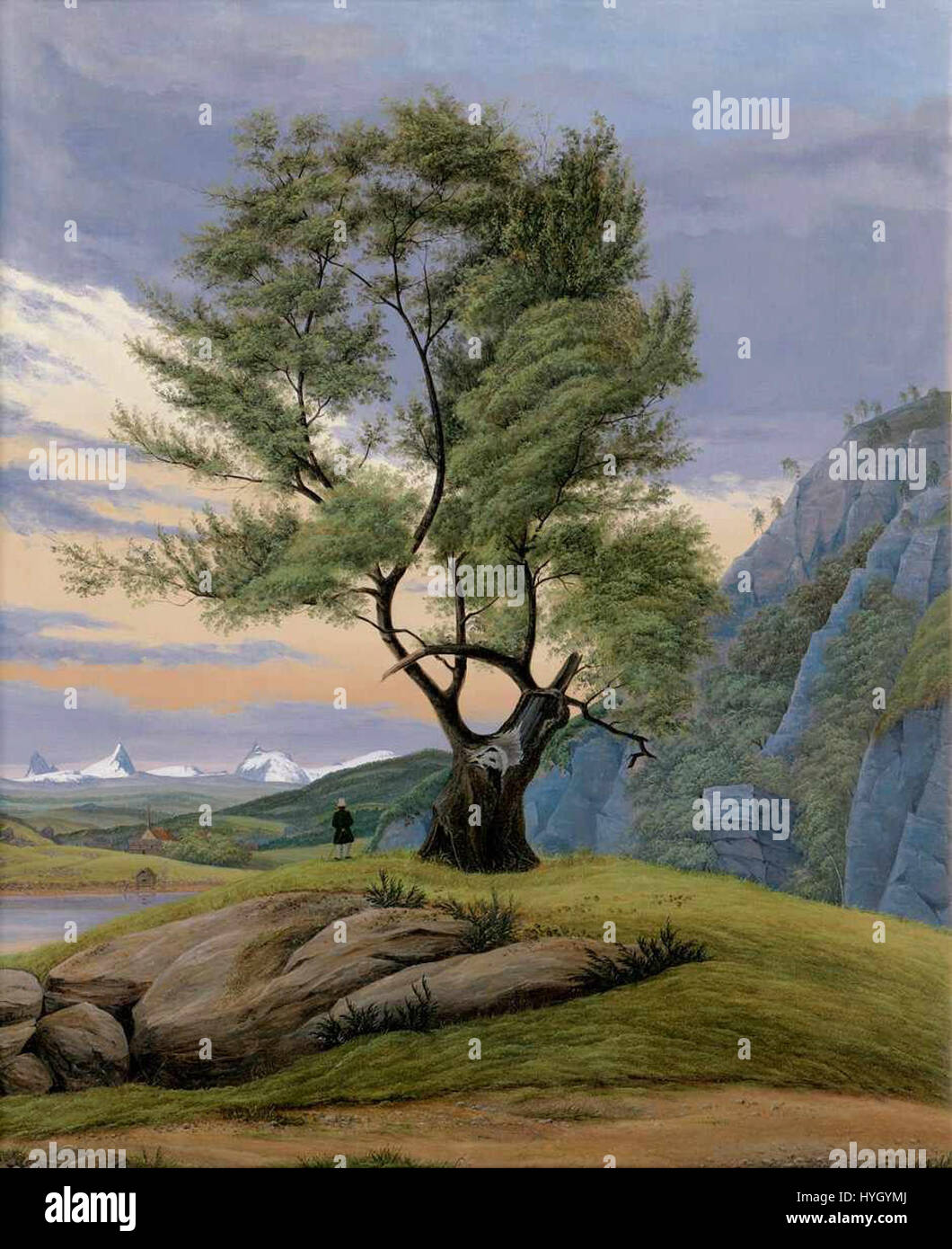 'Patagonian Landscape with Single Tree Before Evening Sky' d'Eduard von Buchan présente une vaste scène patagonienne, avec un arbre solitaire silhouette sur le ciel dramatique du soir. La peinture capture la beauté sauvage de la région de Patagonie avec des contrastes saisissants de lumière et d'ombre. Banque D'Images