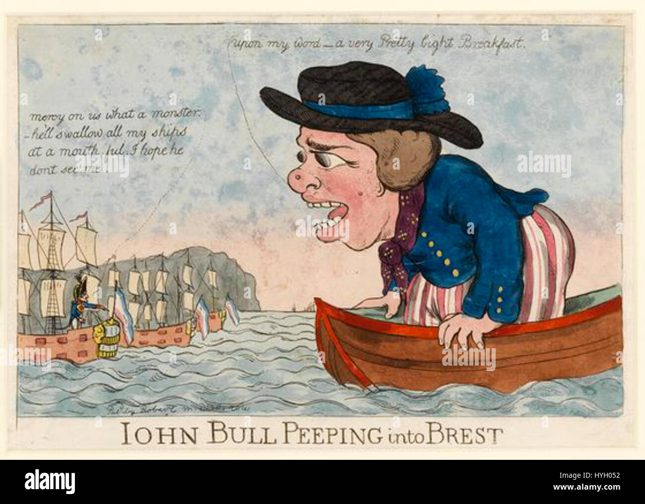 John Bull jetant un coup d'œil à Brest est une illustration satirique reflétant les perspectives britanniques au cours d'une période historique. L'illustration dépeint avec humour John Bull, une personnification de la Grande-Bretagne, regardant dans le port français de Brest, faisant probablement référence à des tensions géopolitiques ou à des questions maritimes à l'époque. Banque D'Images