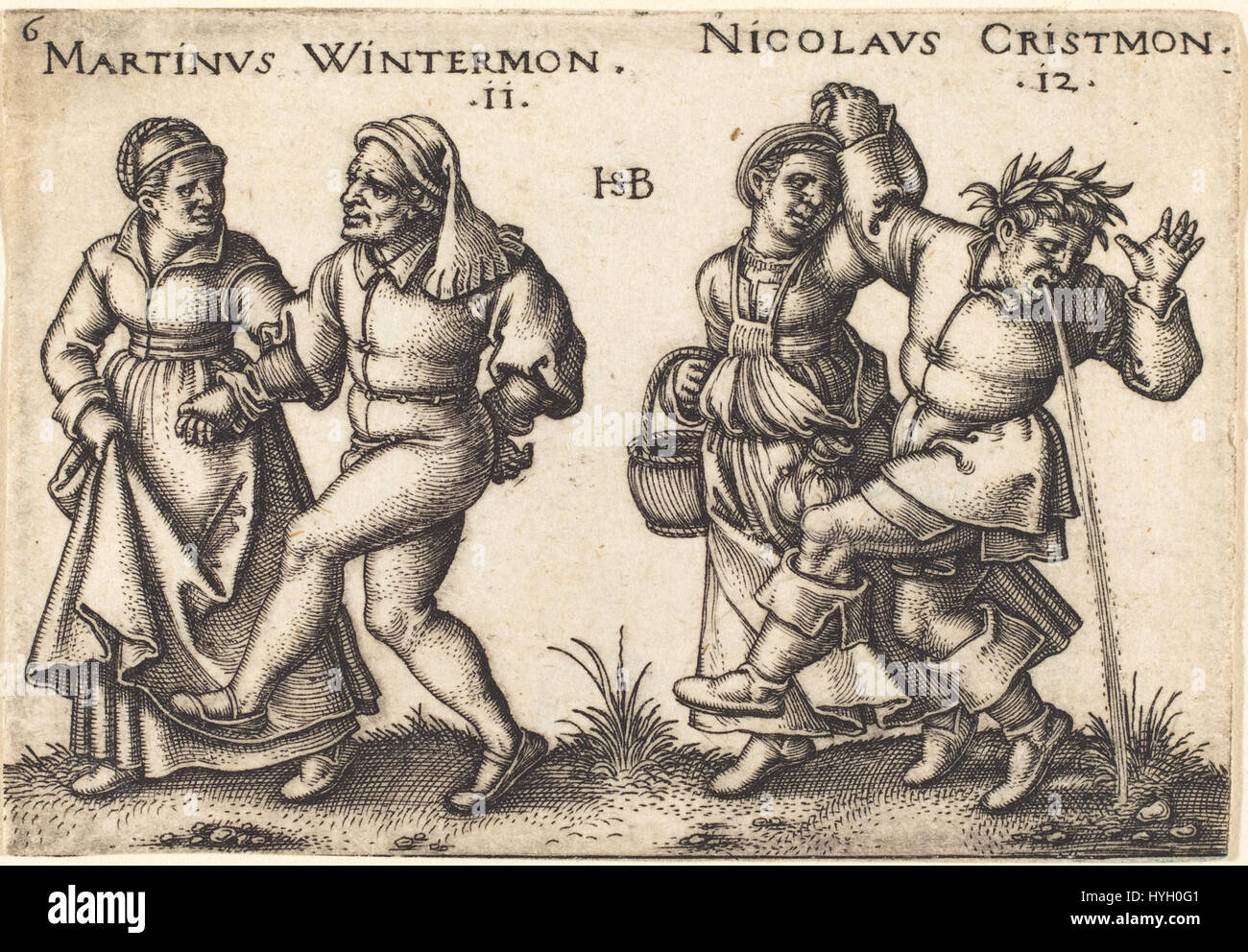 'November und Dezember' de Sebald Beham est une gravure allemande du XVIe siècle qui représente deux personnages saisonniers à la manière traditionnelle de l'époque. Le travail de Beham est un exemple notable de la gravure de la Renaissance allemande, avec des détails fins et une précision stylistique. Banque D'Images