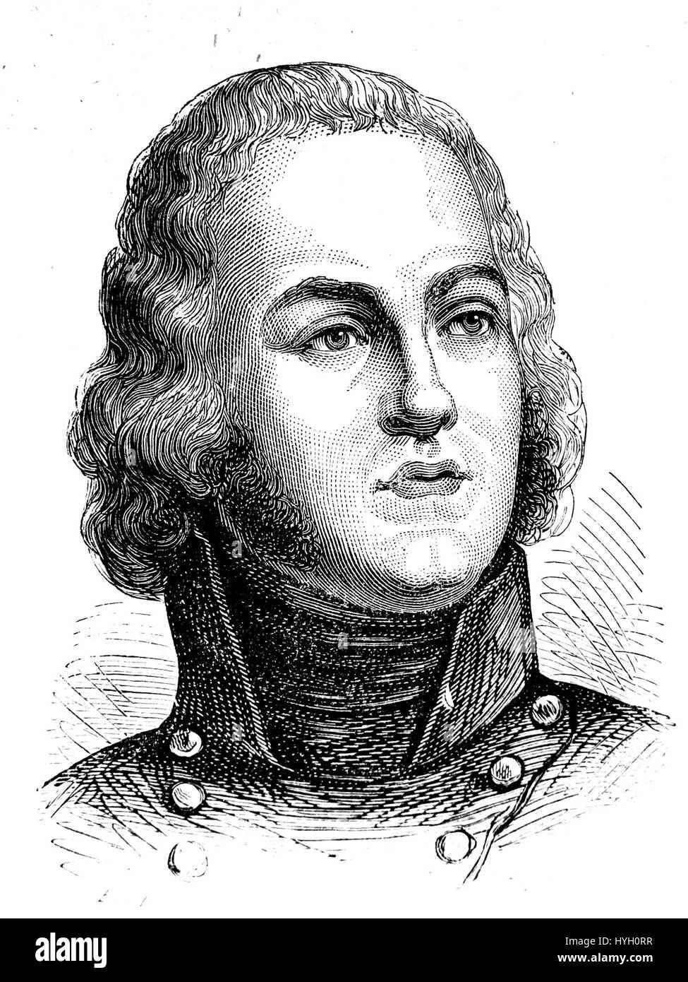 Un portrait de Lazare Hoche, un général français pendant les guerres de la Révolution française, représenté dans l'uniforme de l'époque. Hoche était connu pour son leadership militaire au cours de cette période charnière. Banque D'Images