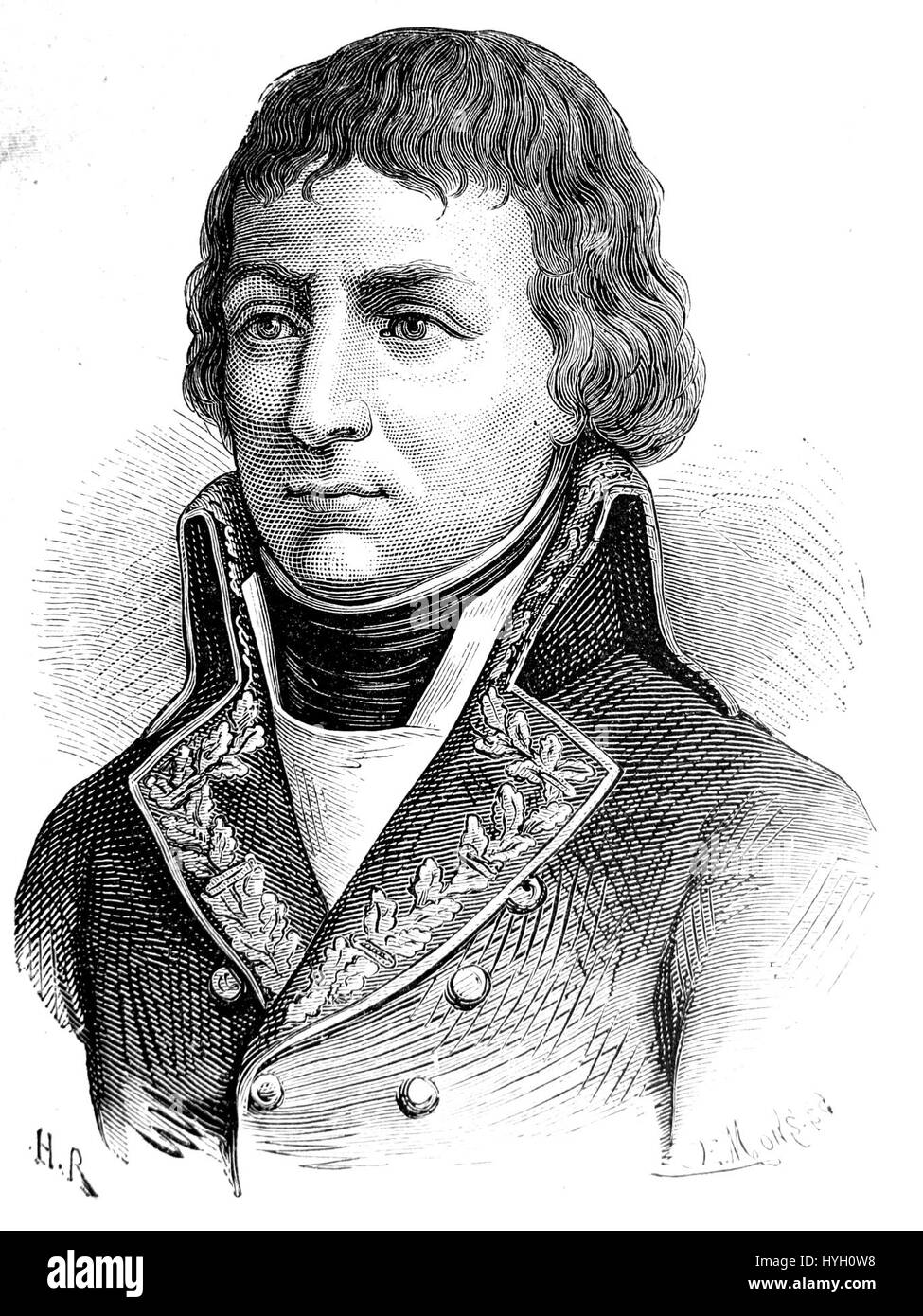 Cette œuvre représente la figure historique de Duphot, un officier français qui a été impliqué dans une action militaire en Italie à la fin du XVIIIe siècle. Son rôle dans les guerres de la Révolution française est connu pour sa mort tragique pendant la campagne. Banque D'Images