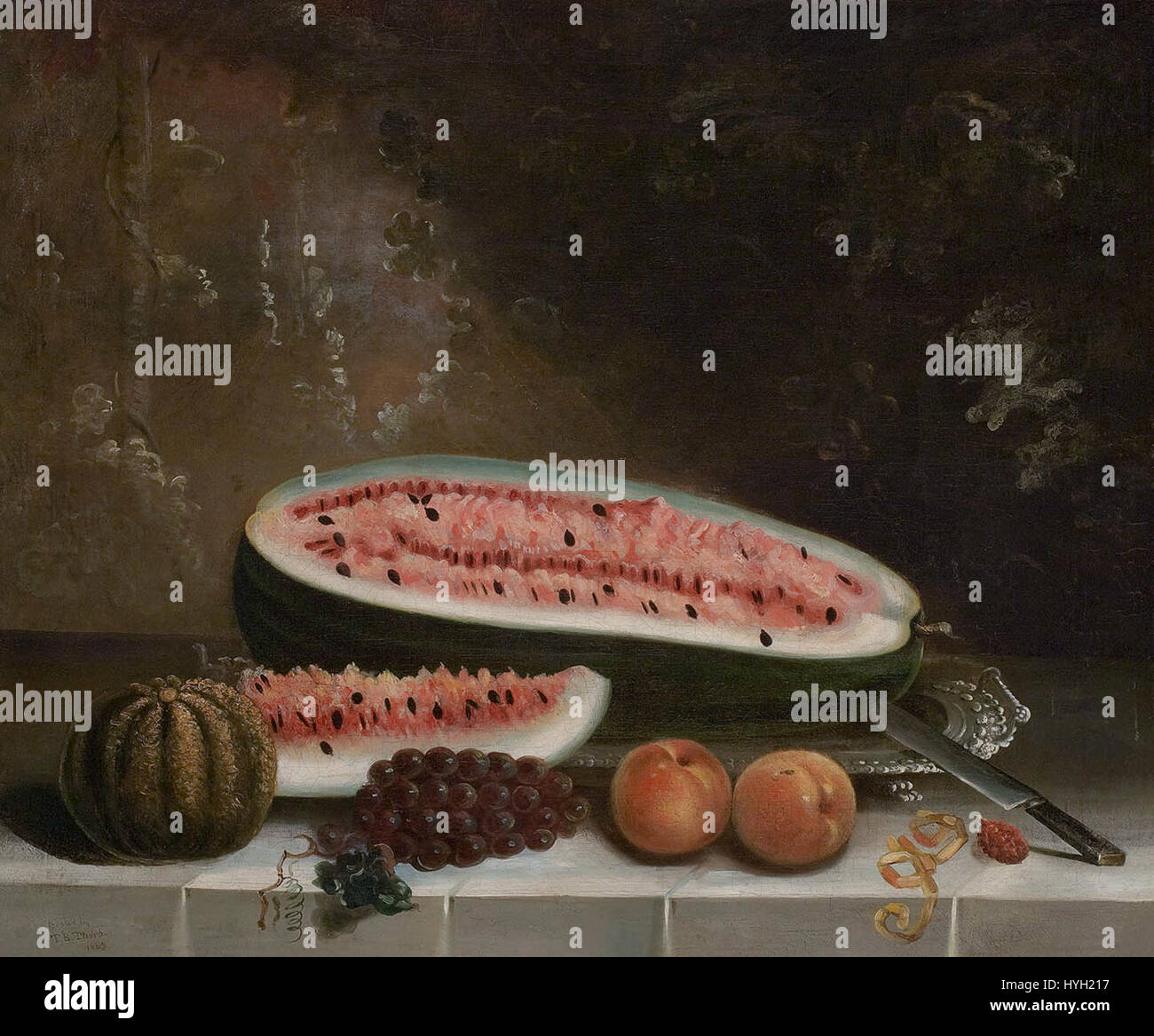 "La vie avec raisins, melon et pêches' par Thomas Bangs Thorpe Banque D'Images