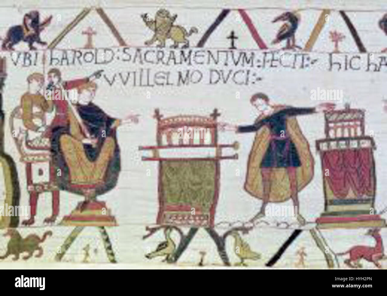 « Harold's Fealty » est une scène historique représentant le moment où Harold Godwinson, le dernier roi anglo-saxon d'Angleterre, jure allégeance à Guillaume le Conquérant. Ce moment est survenu après la bataille de Hastings en 1066, marquant un événement clé dans l'histoire anglaise et le début de la domination normande en Angleterre. Banque D'Images