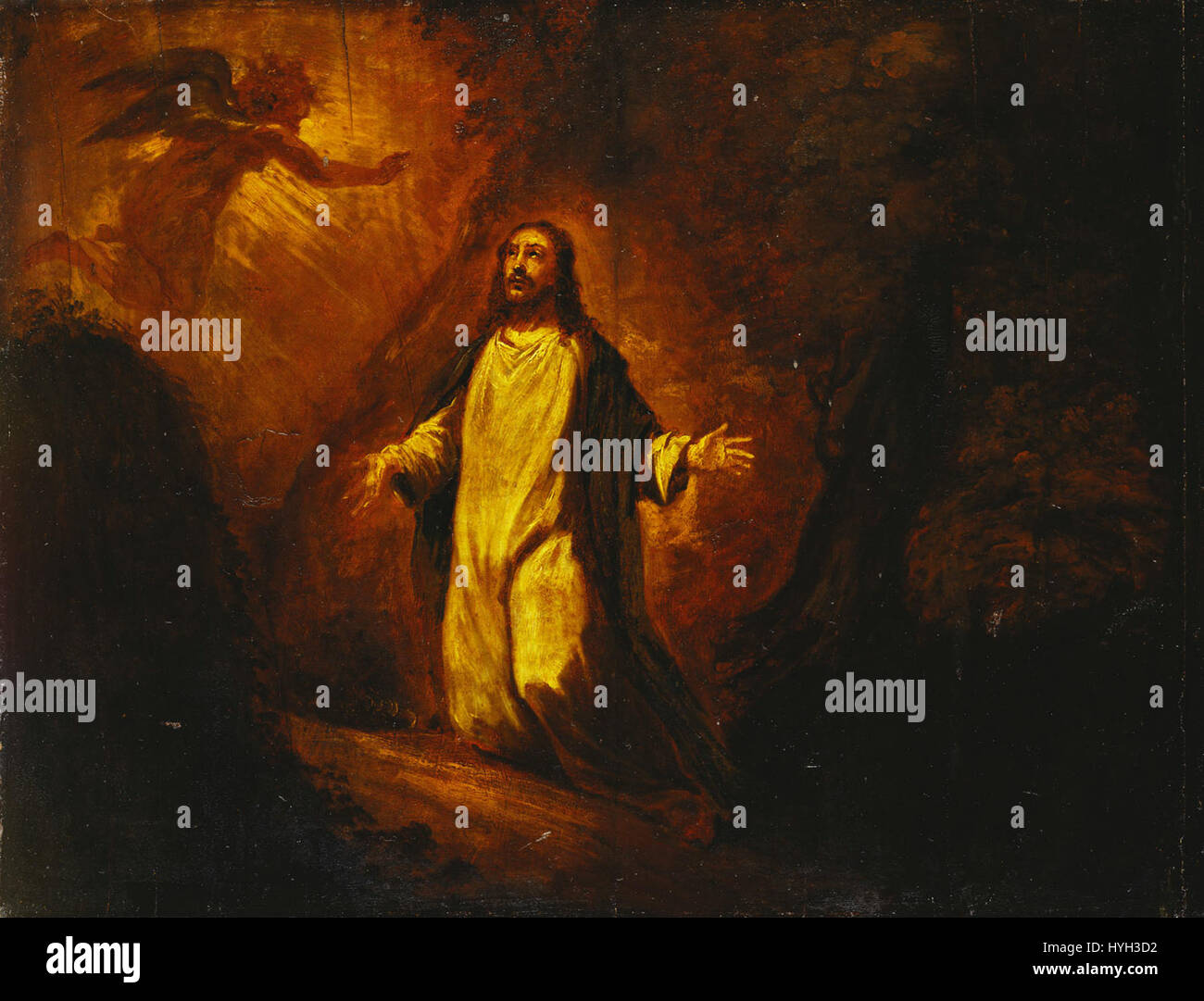 Cette peinture, « Christ dans le jardin de Gethsémani », d'après Titien, représente le moment biblique où Jésus prie dans le jardin avant son arrestation. L'œuvre capture la profondeur émotionnelle et le moment sacré de la souffrance du Christ. Banque D'Images