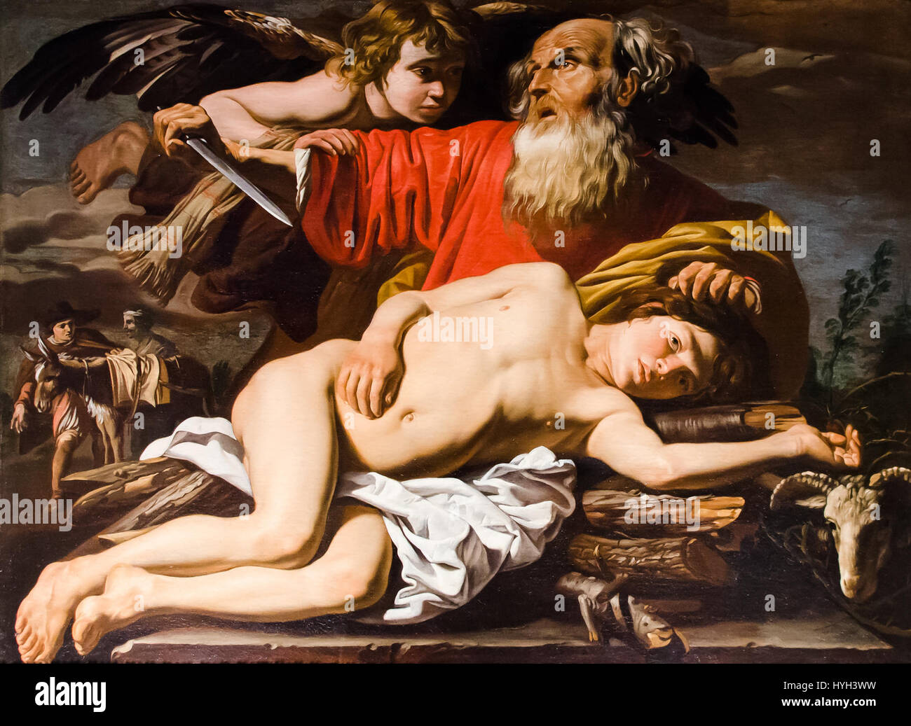 « Le sacrifice d’Abraham » de Matthias STOM dépeint l’histoire biblique de la dévotion d’Abraham, capturant le moment du sacrifice avec un éclairage dramatique et une intensité émotionnelle, une caractéristique du style baroque de STOM. Banque D'Images