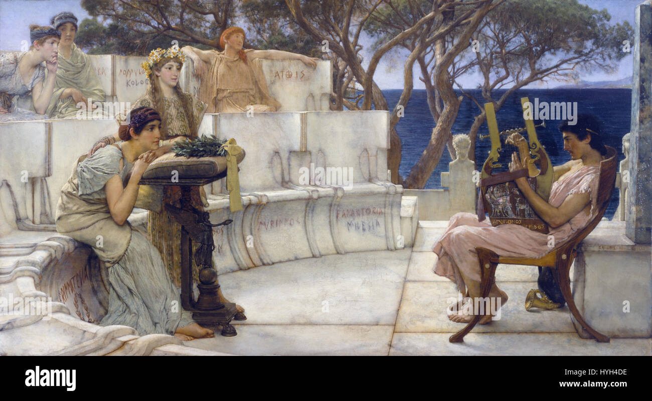 « Sappho et Alcaeus » de Lawrence Alma Tadema représente les figures légendaires de l'Antiquité grecque, Sappho et Alcaeus, dans un cadre classique. La peinture met en évidence l'habileté de Tadema à dépeindre des scènes et des personnages historiques d'une manière romancée. Banque D'Images