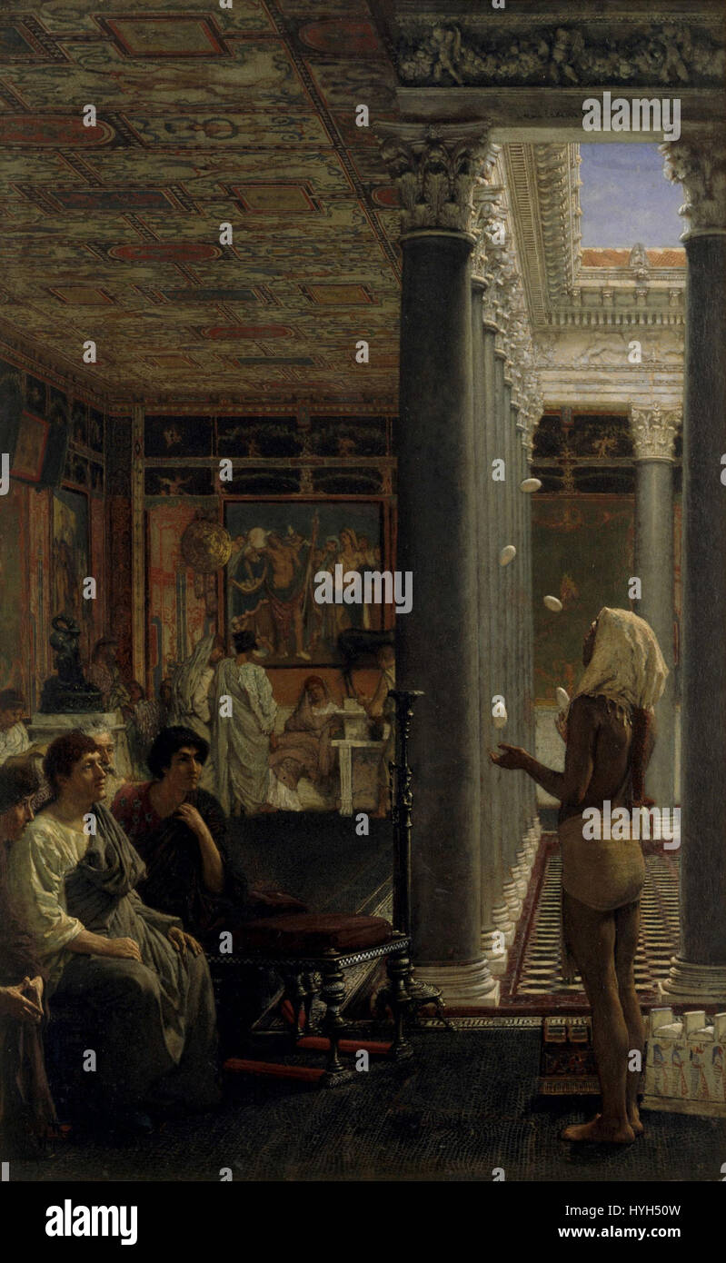 Cette peinture de Lawrence Alma-Tadema montre un jongleur dans un cadre classique ou ancien. Alma-Tadema est connu pour ses représentations de cultures anciennes, à l'aide d'images détaillées et vibrantes. Banque D'Images