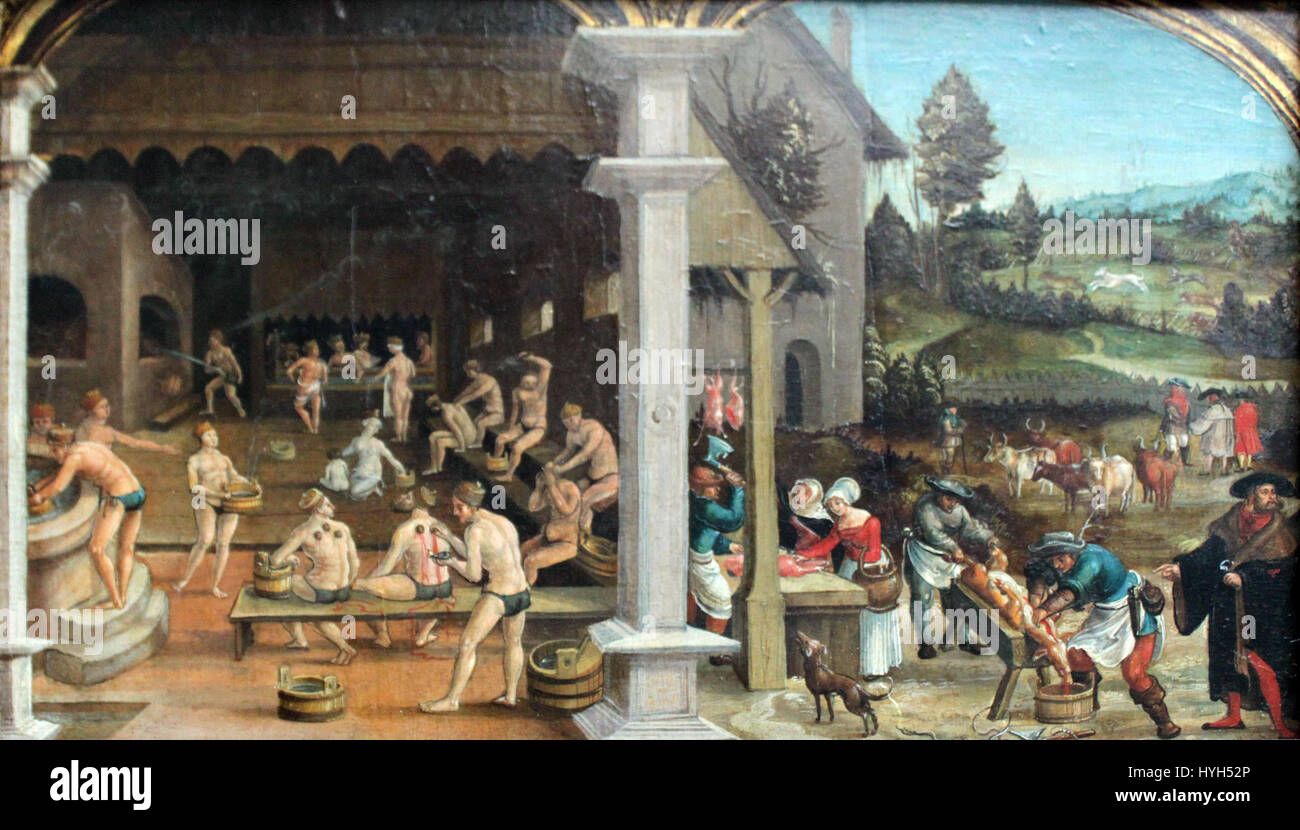 *1520 Wertinger Badehaus und Schlachtszene* illustre une scène de bains publics à côté d'une représentation de bataille. Cette œuvre du début du XVIe siècle, combinant des éléments pacifiques et violents, offre un aperçu de la dualité de la vie humaine telle que représentée dans la Renaissance allemande Banque D'Images