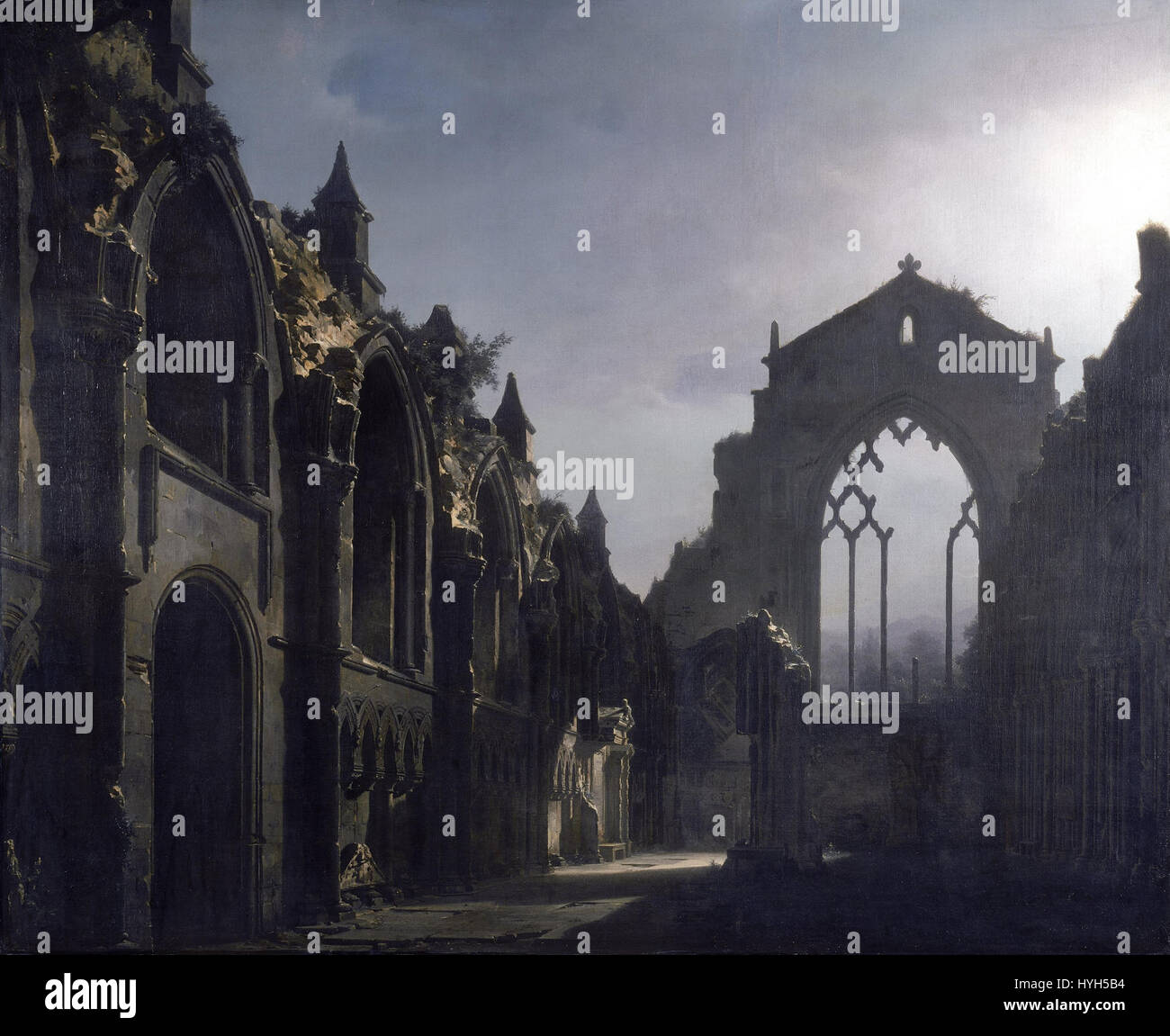 'Les ruines de la chapelle Holyrood' de Louis Daguerre, créé en 1824, est une représentation des ruines antiques de la chapelle Holyrood à Édimbourg, reflétant la fascination romantique pour les ruines au XIXe siècle. Banque D'Images