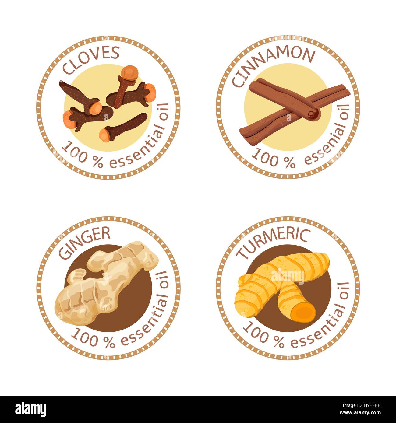 Ensemble d'huiles essentielles des étiquettes. Girofle, cannelle, gingembre, Curcuma Illustration de Vecteur