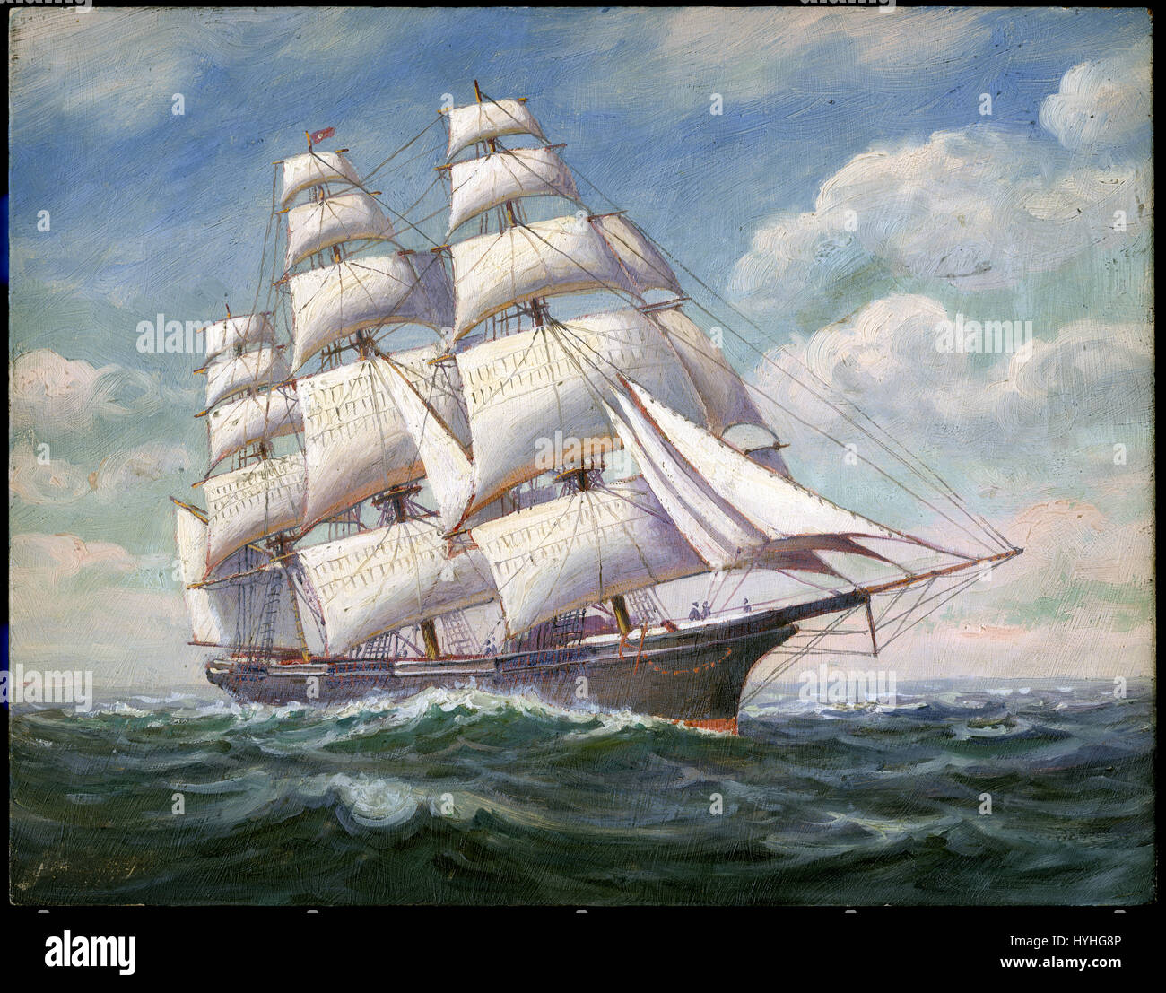 C Antique1920 huile sur carton peinture d'un navire en pleine mer. Artiste inconnu. SOURCE : tableau original. Banque D'Images