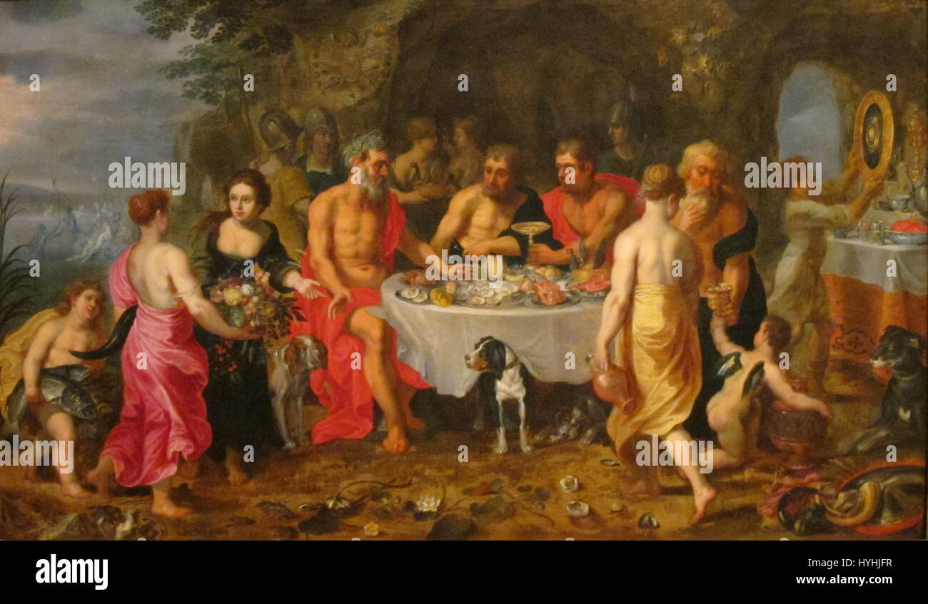 'La fête d'Achelous' est une peinture collaborative de Jan Brueghel le jeune et Hendrick van Balen, représentant une fête mythologique avec des détails vibrants. L'œuvre met en valeur l'attention de l'époque baroque pour les couleurs, les détails et les thèmes mythologiques. Banque D'Images