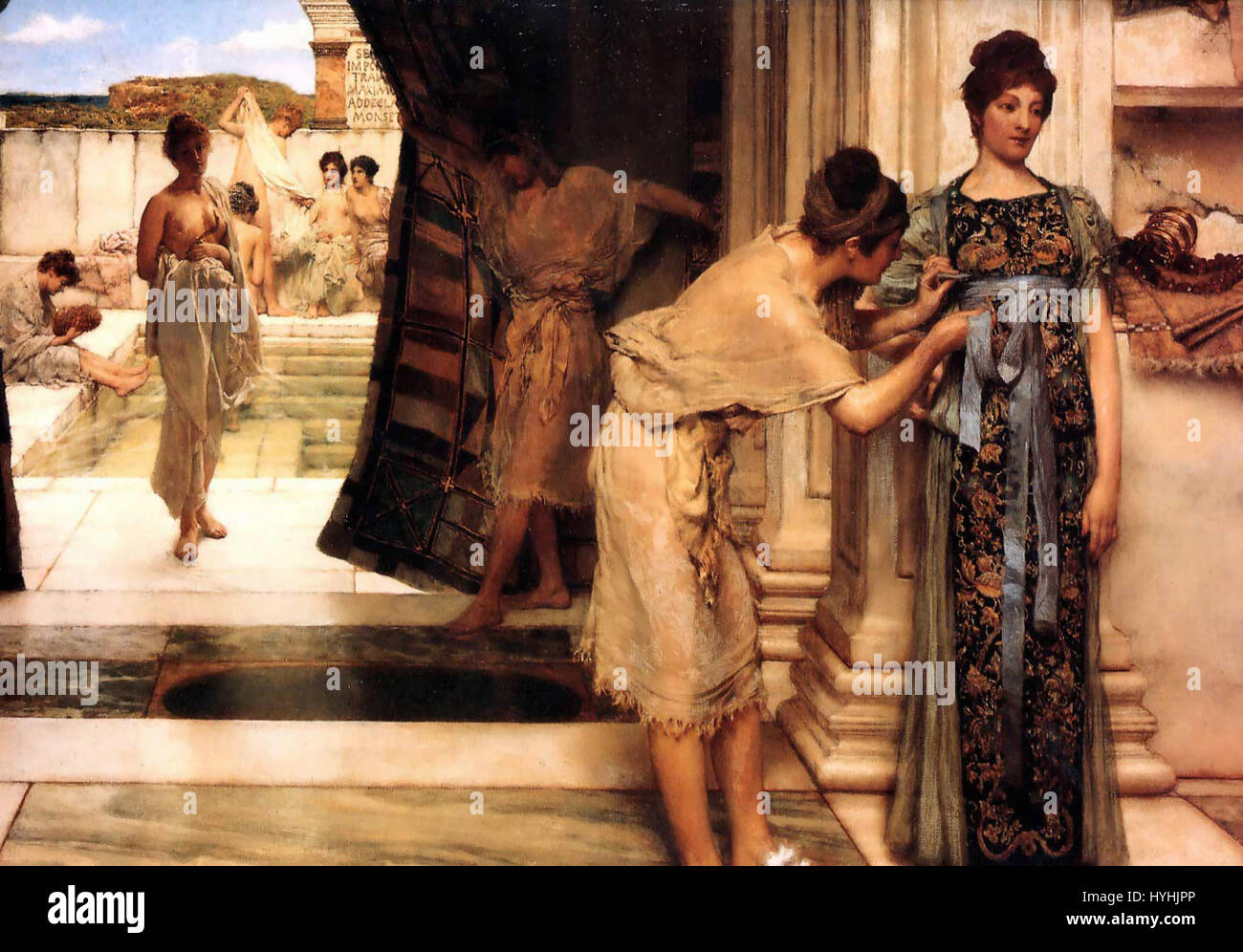 Le Frigidarium de Lawrence Alma-Tadema (1890) est une peinture détaillée qui capture la grandeur de l'architecture romaine. Il présente une scène se déroulant dans un bain romain, soulignant la compétence d'Alma-Tadema à décrire l'antiquité classique avec précision et exactitude historique. Banque D'Images