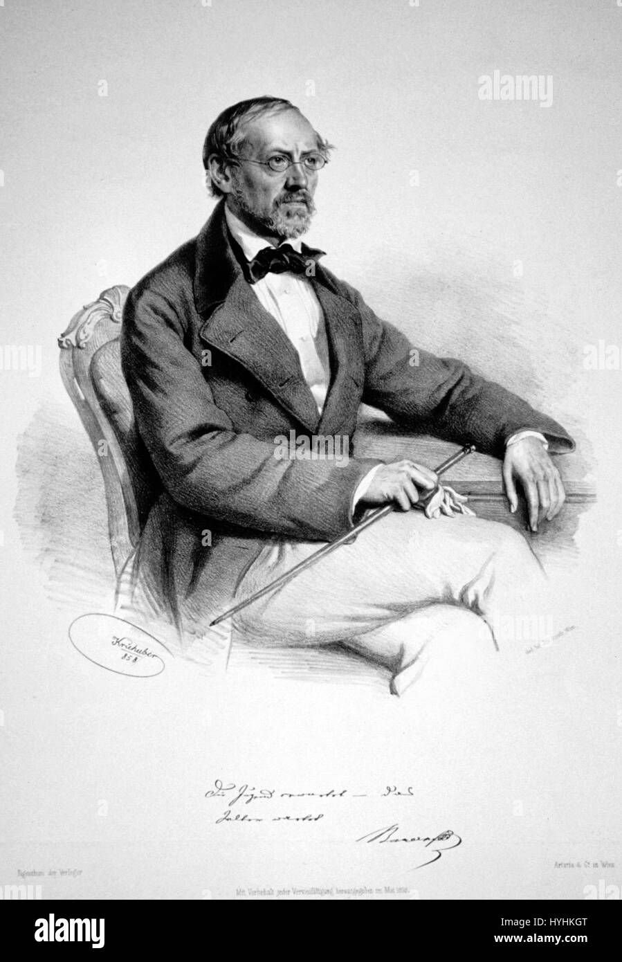 La lithographie de Bauernfeld en 1858 capture un moment de la vie européenne du milieu du XIXe siècle. L'impression reflète les détails complexes et le style typique des œuvres lithographiques de l'époque, en se concentrant sur des thèmes sociétaux ou historiques. Banque D'Images