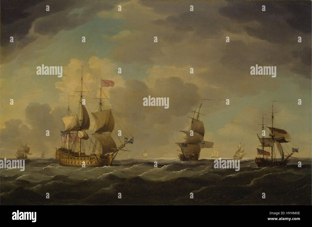 La peinture de Charles Brooking *an English Flagship Under Easy Sail in a Moderate Breeze* représente un navire naval glissant en douceur dans l'eau sous des conditions de vent favorables. La représentation détaillée du navire met en évidence l'accent mis par Brooking sur les sujets maritimes, en particulier les navires en mouvement et leur interaction avec la mer. Banque D'Images